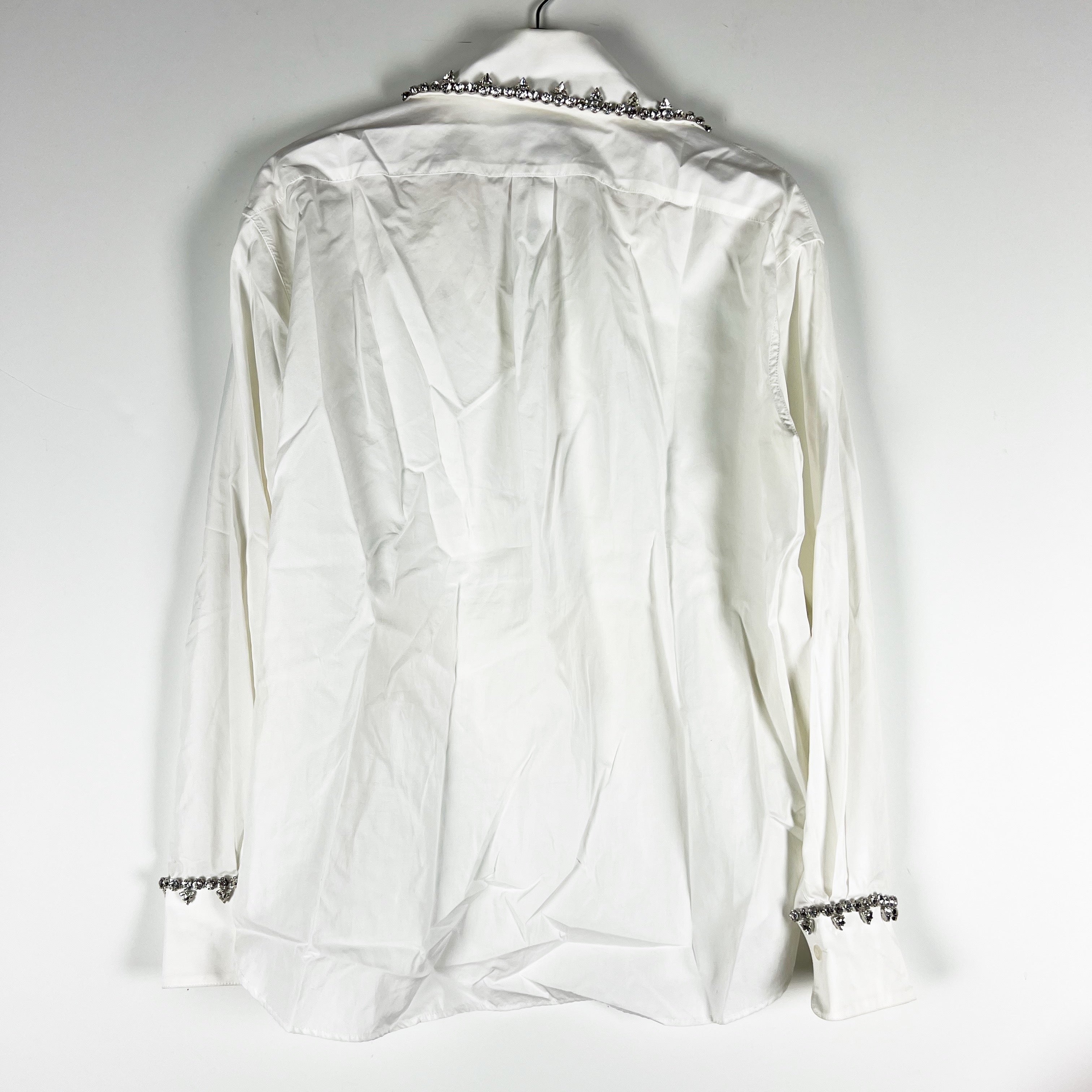 Area Cotton Poplin Crystal Jewel Diamond Embellished Trim Button Down Blouse Top