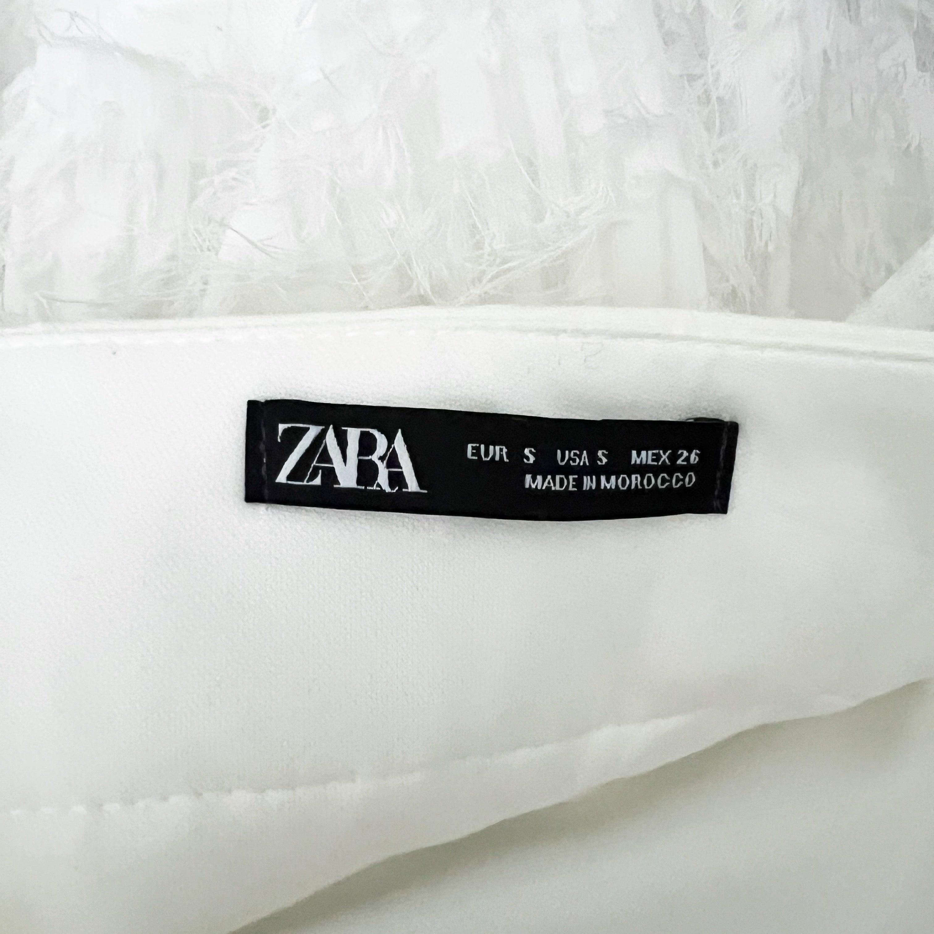 Zara Faux Fuzzy Feather Textured Tulle Pleated Cinch Waist Tank Top White Small