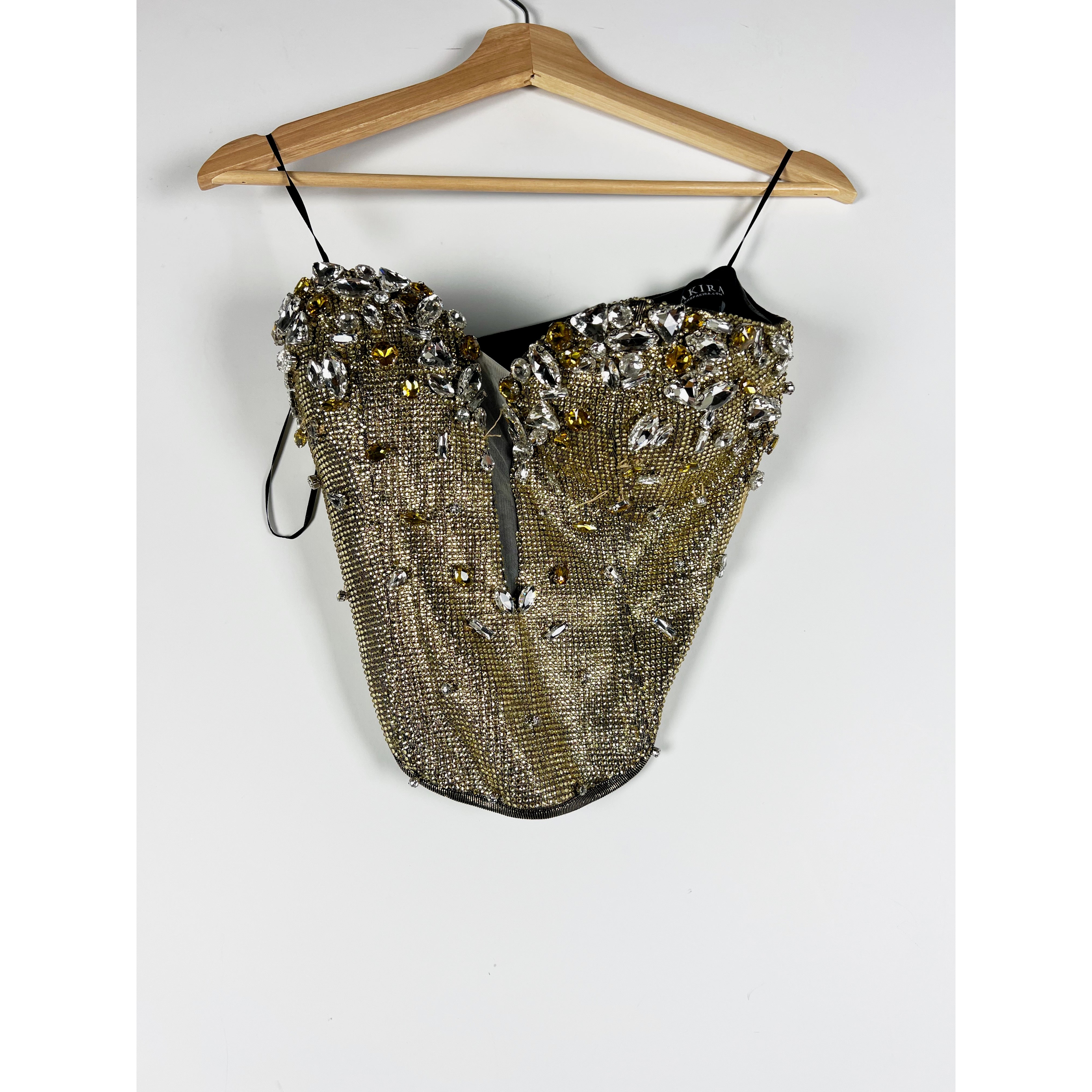 Akira Crystal Jewel Diamond Mesh Embellished Strapless Corset Crop Tank Top S