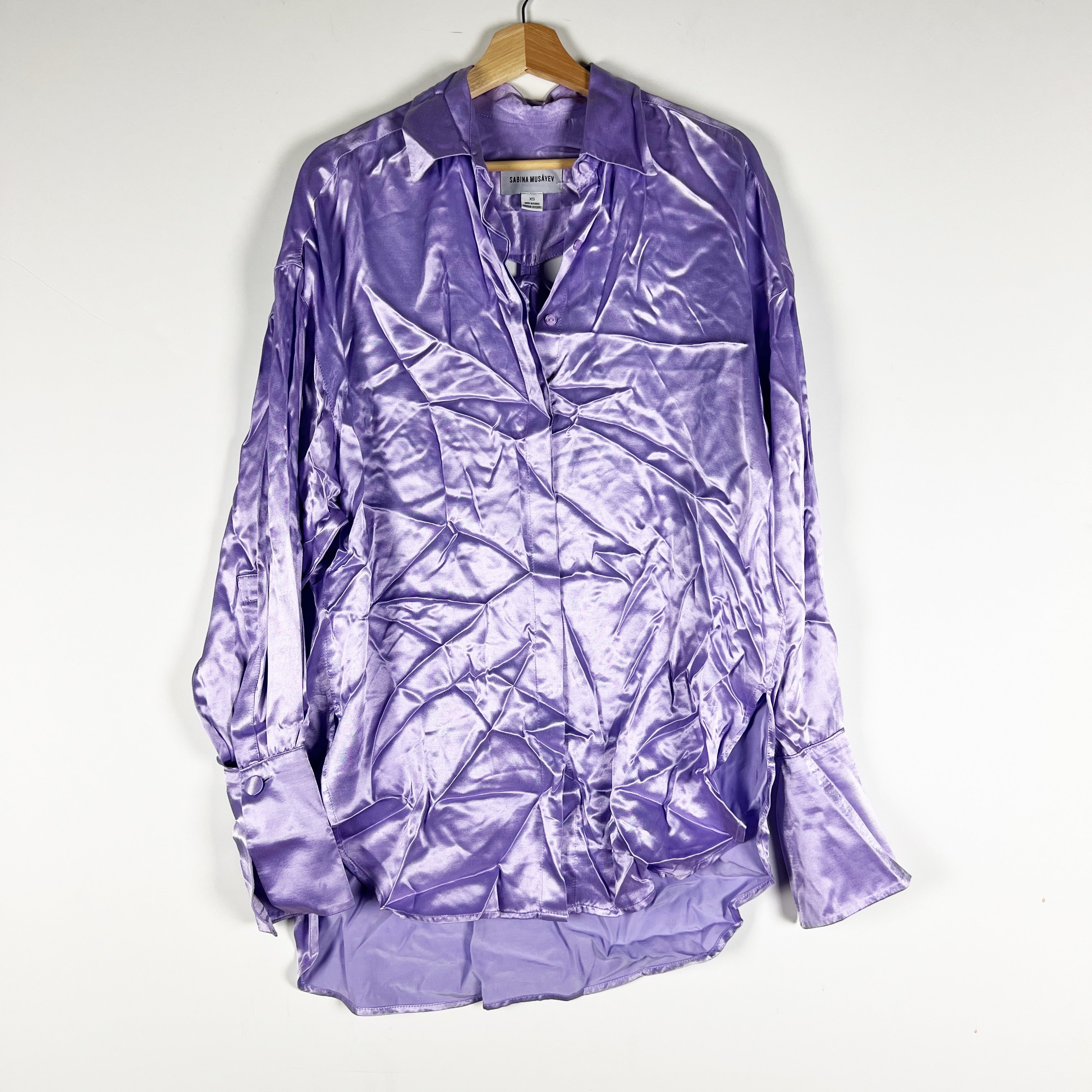 Sabina Musayev Satin Collared Long Sleeve Cut Out Button Front Blouse Purple XS