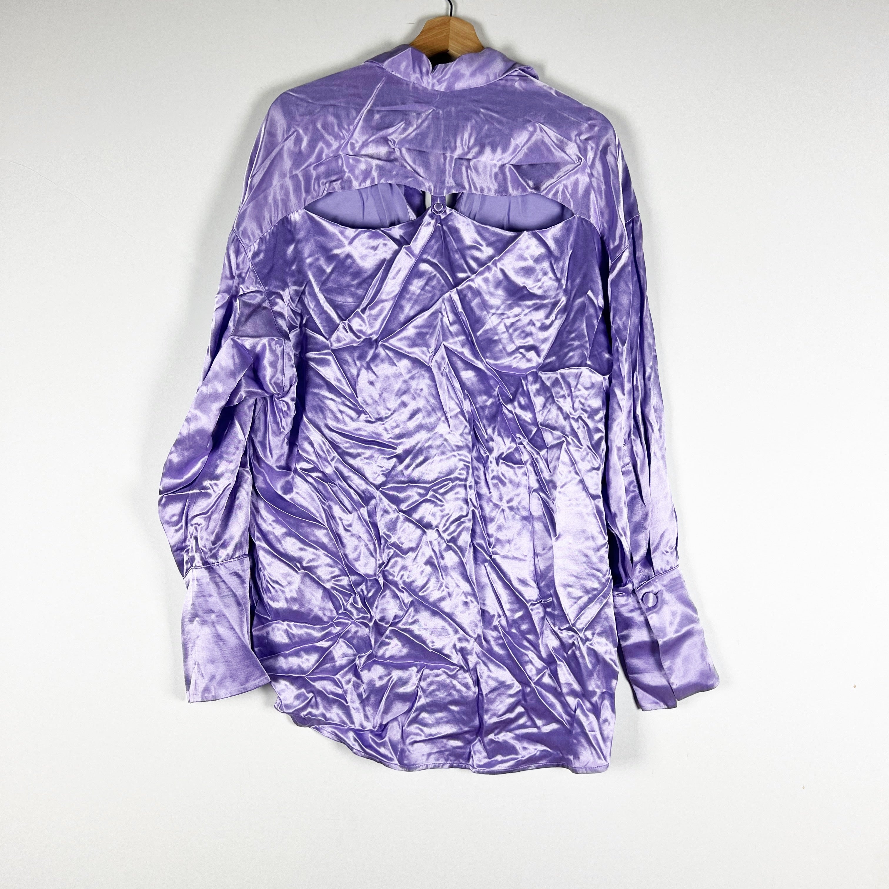 Sabina Musayev Satin Collared Long Sleeve Cut Out Button Front Blouse Purple XS