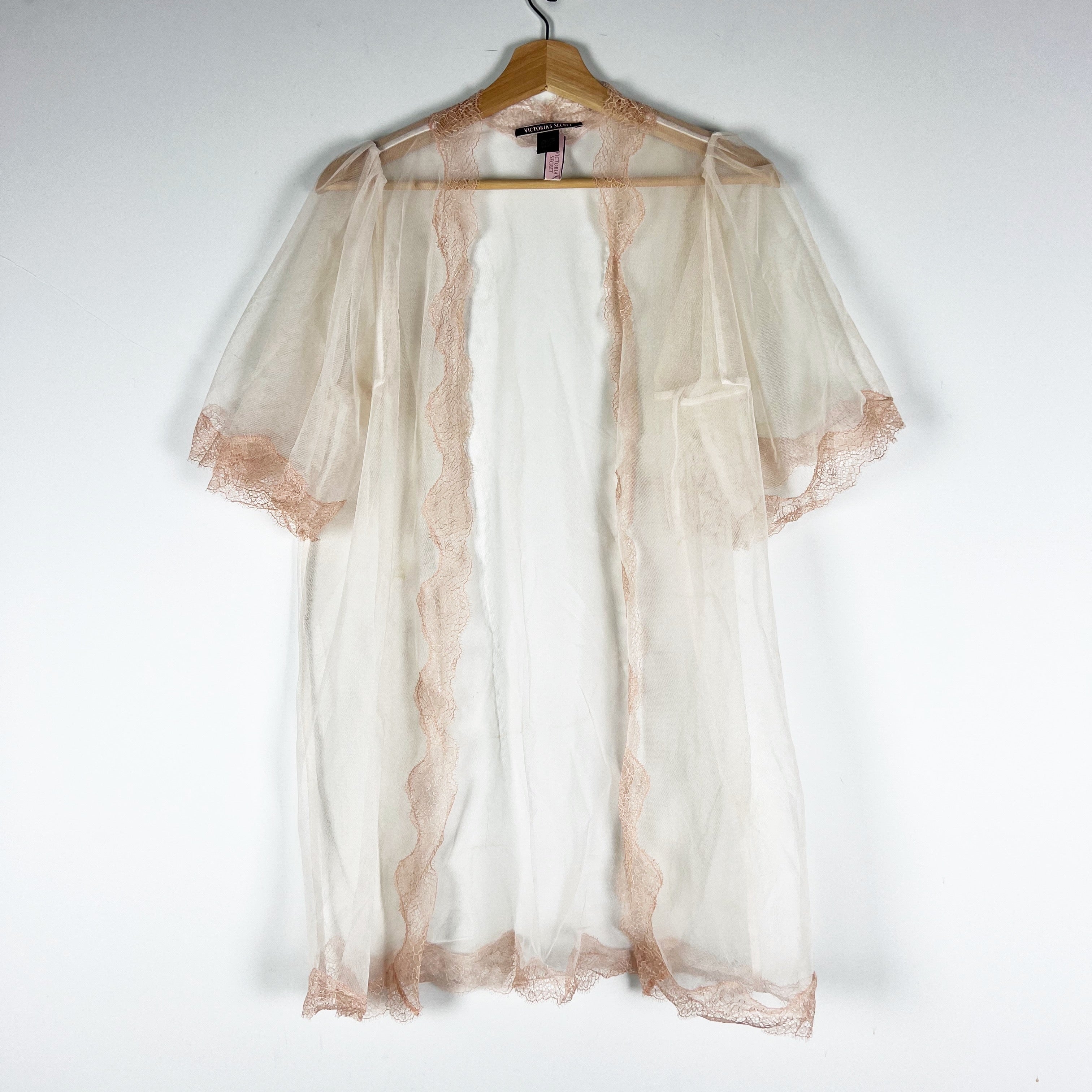 NEW Victoria's Secret Semi Sheer Tulle Mesh Short Sleeve Lace Trim Cardigan Top