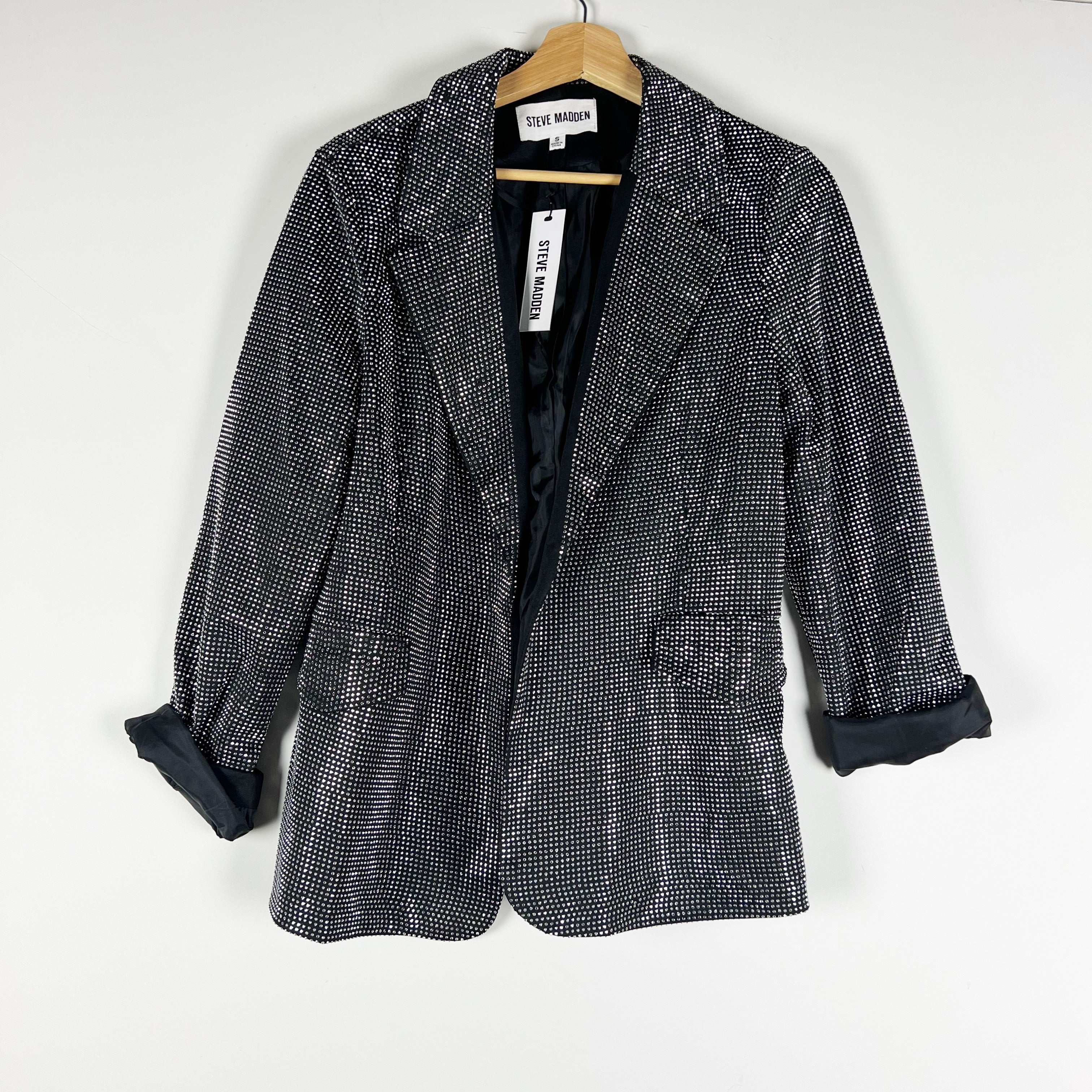 NEW Steve Madden Women's Aya Studded Embellished Open Front Jacket Blazer Silver