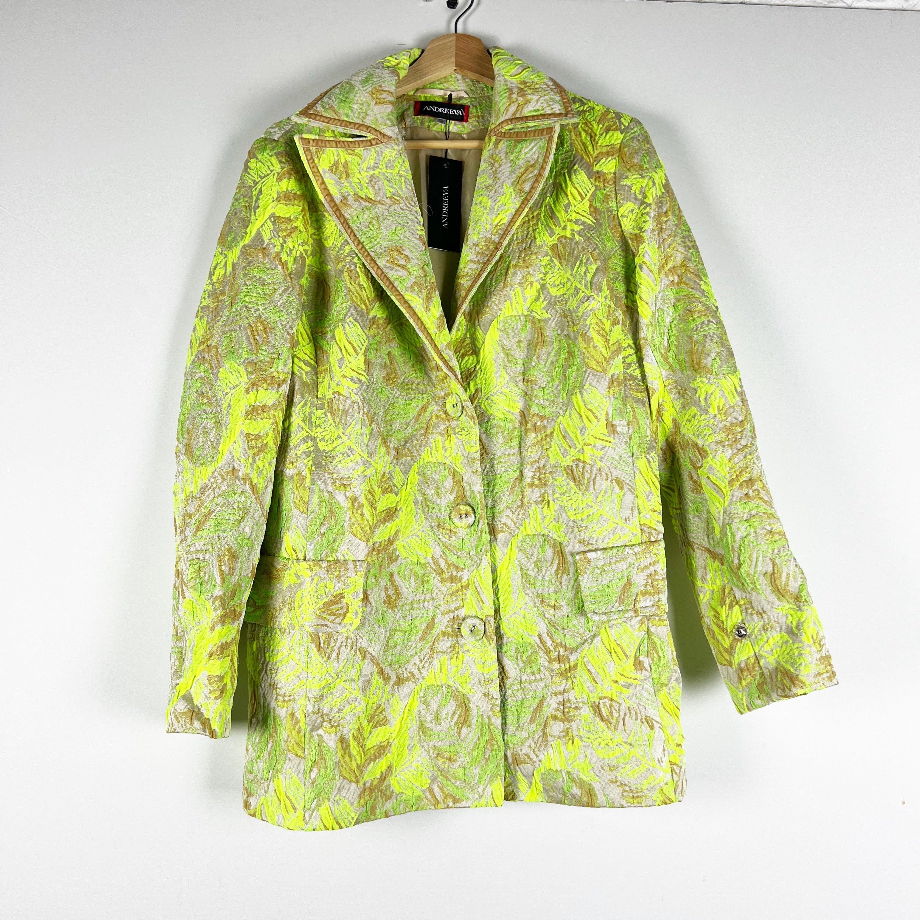 NEW Andreeva Jacqueline Jacquard Textured Tropical Blazer Jacker Lime Neon Green
