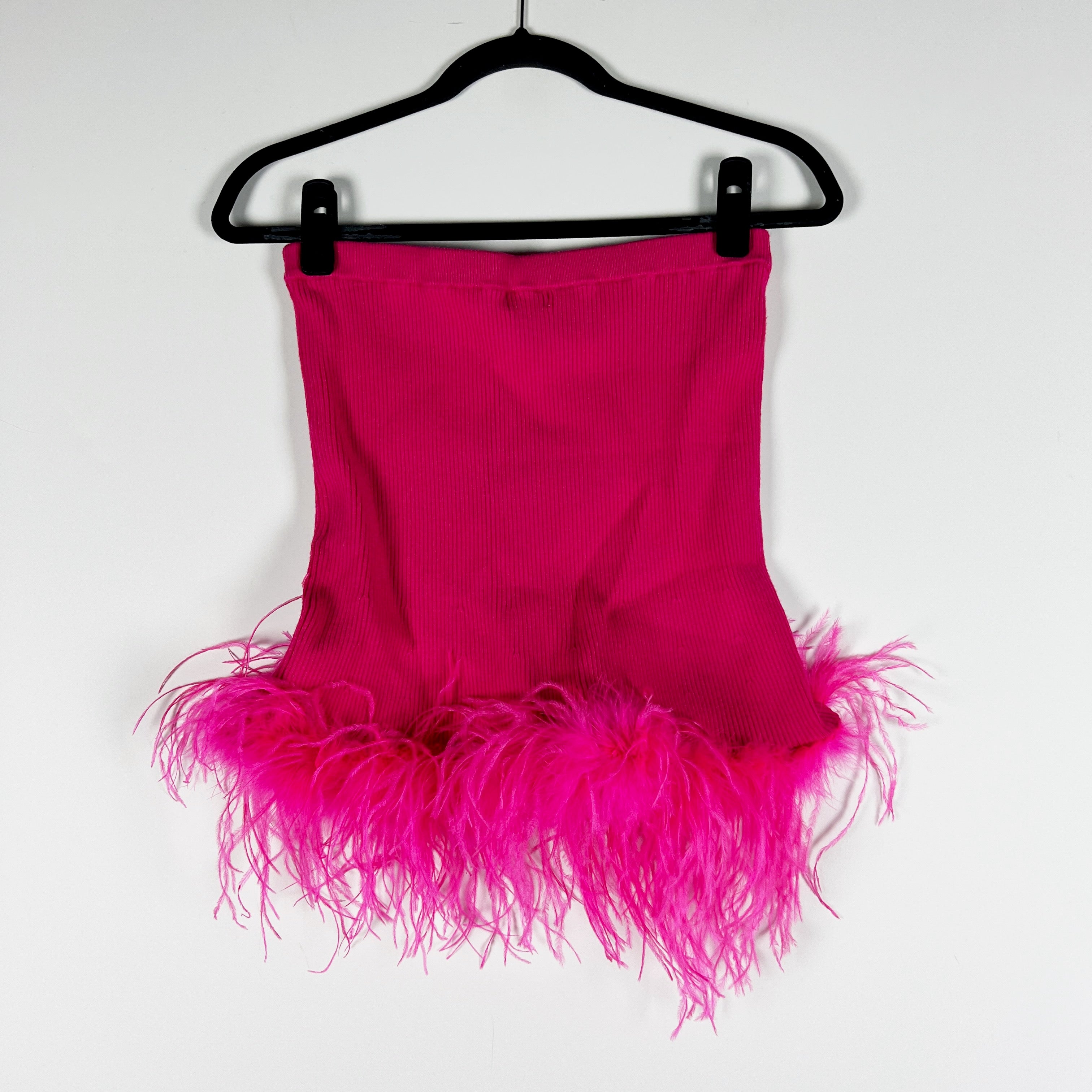 NEW Lovers And Friends Emi Ribbed Knit Stretch Feather Trim Mini Skirt Pink S