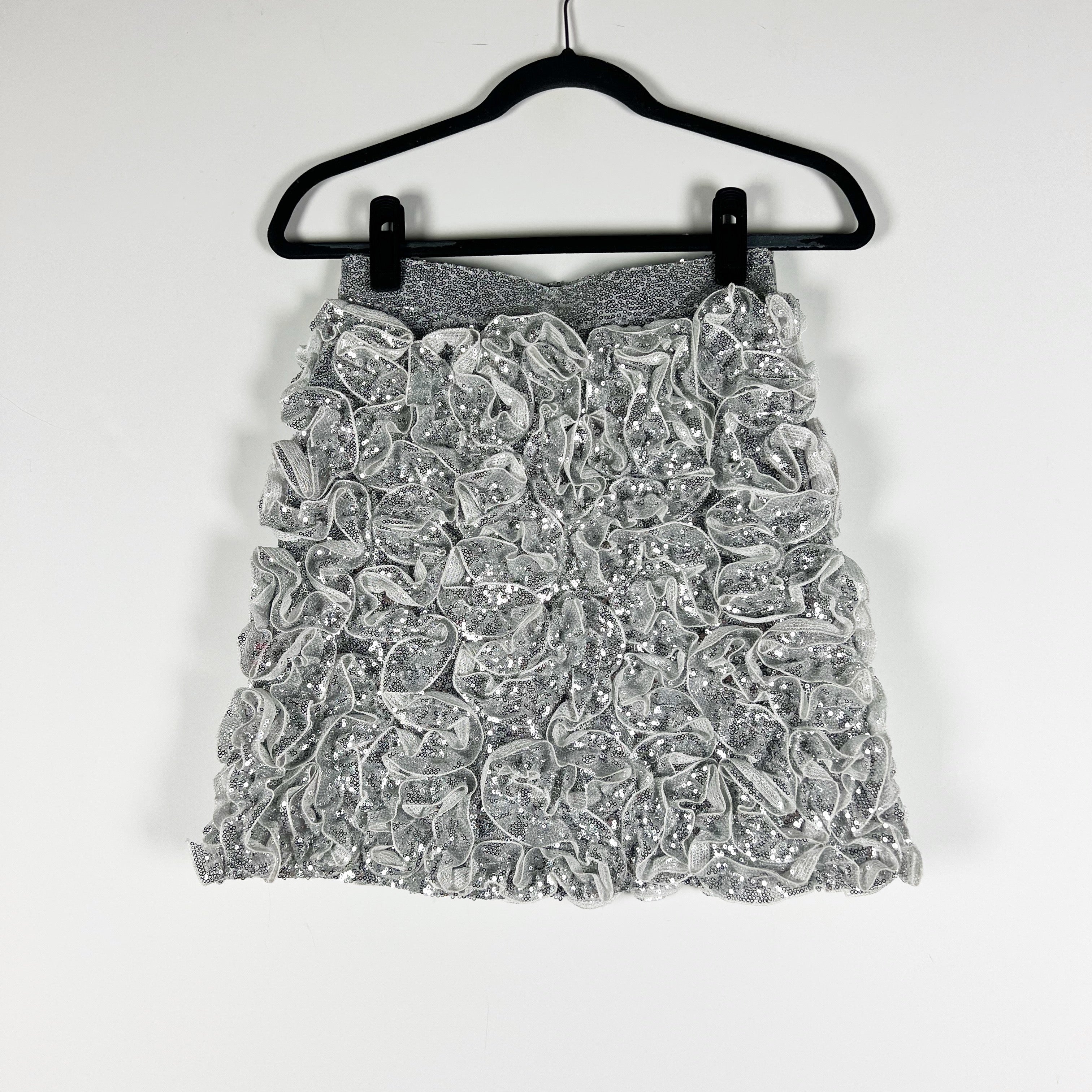 NEW Mare Mare x Anthropologie 3D Silver Sequin Tulle Embellished Mini Skirt XS