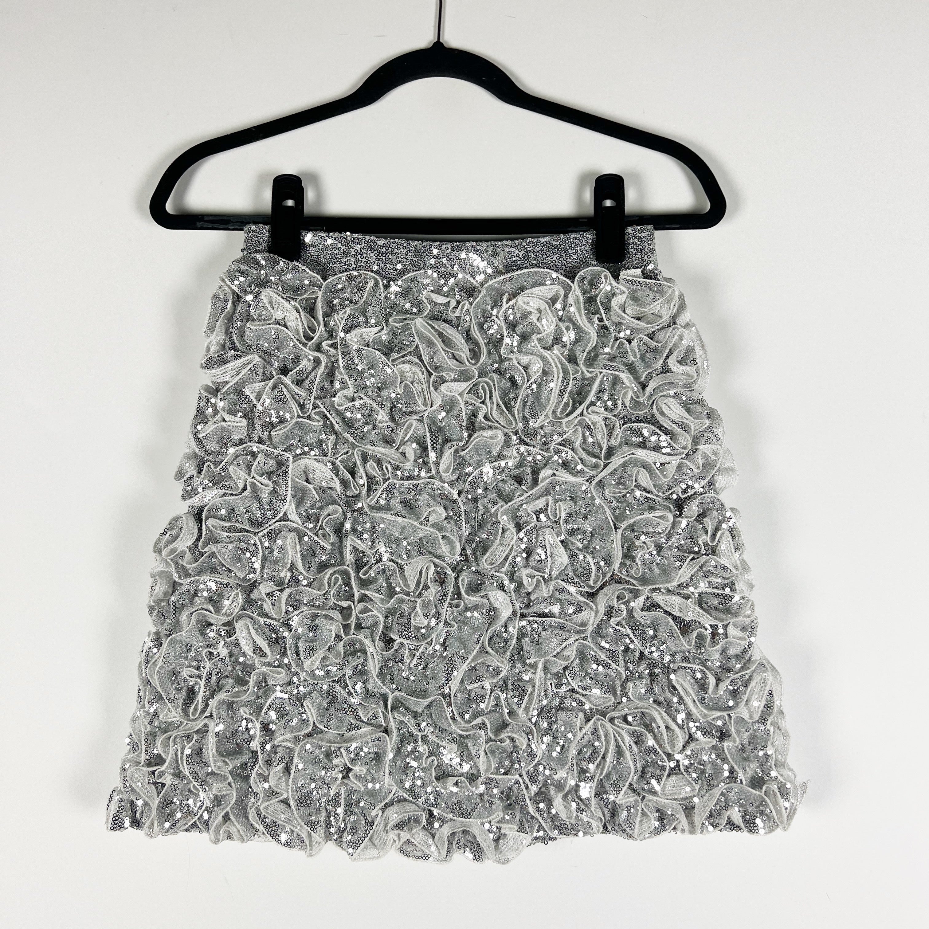 NEW Mare Mare x Anthropologie 3D Silver Sequin Tulle Embellished Mini Skirt XS