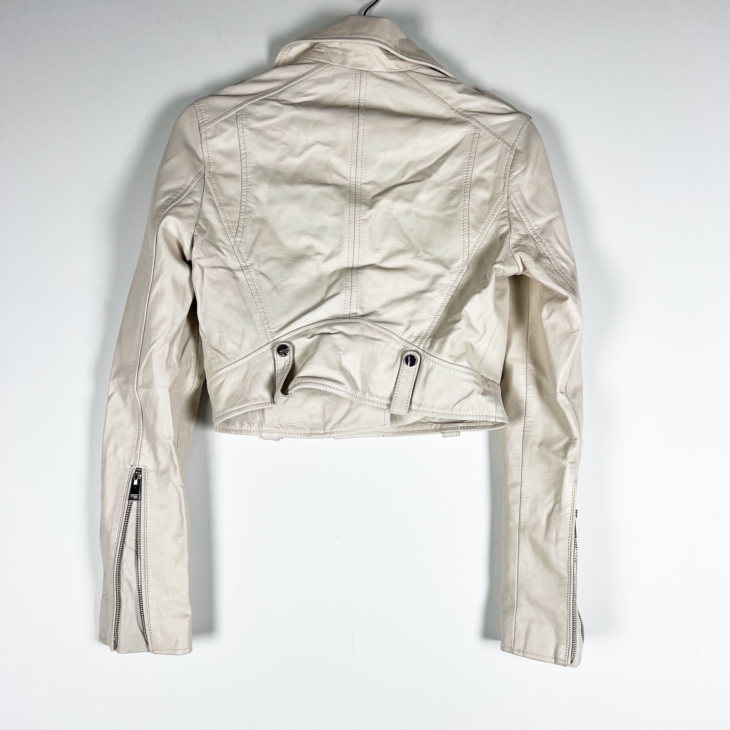 Lamarque Ciara Genuine Lamb Leather Cropped Moto Jacket Ivory Neutral XS