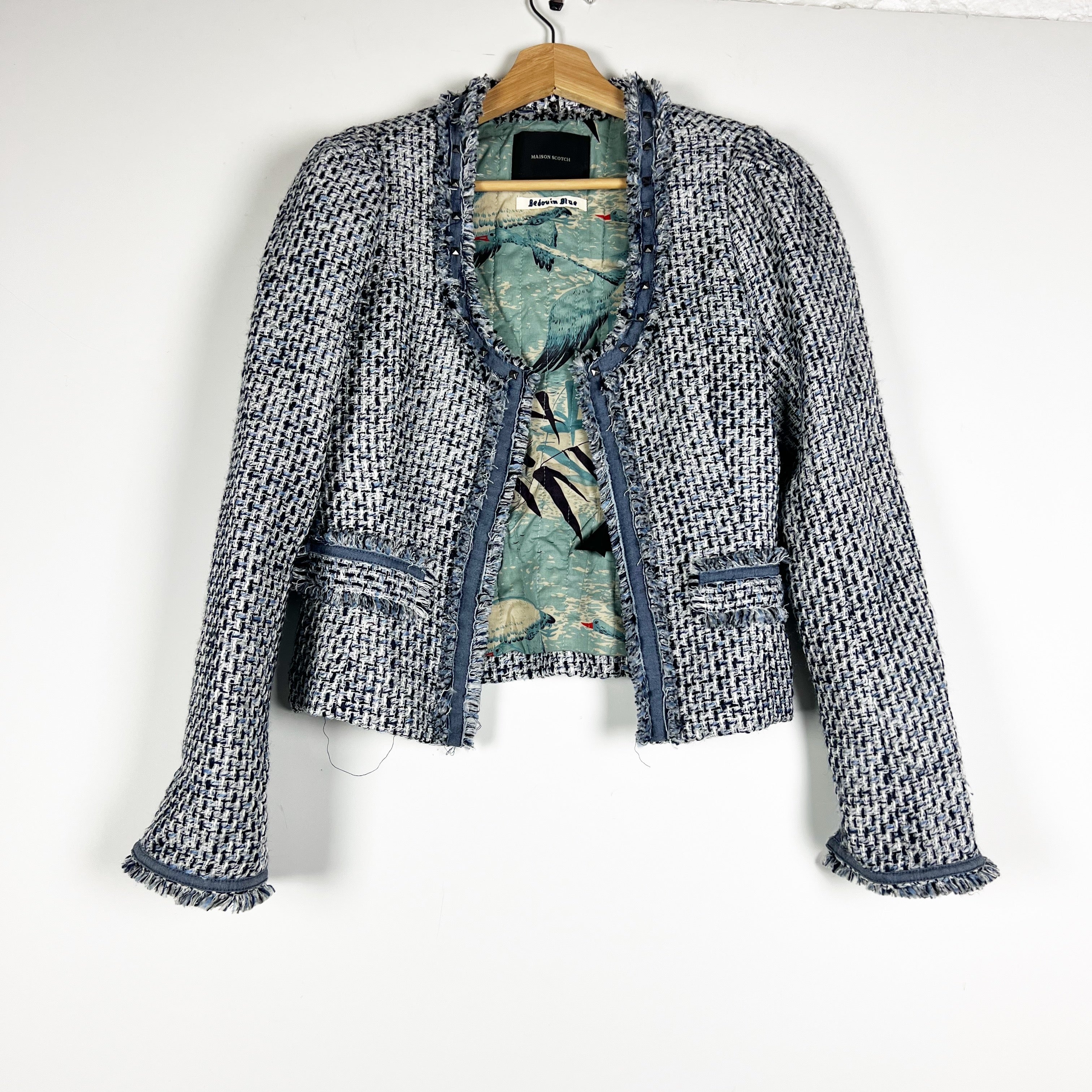 Maison Scotch Bedouin Blue Cotton Blend Tweed Woven Blazer Jacket Blue White S