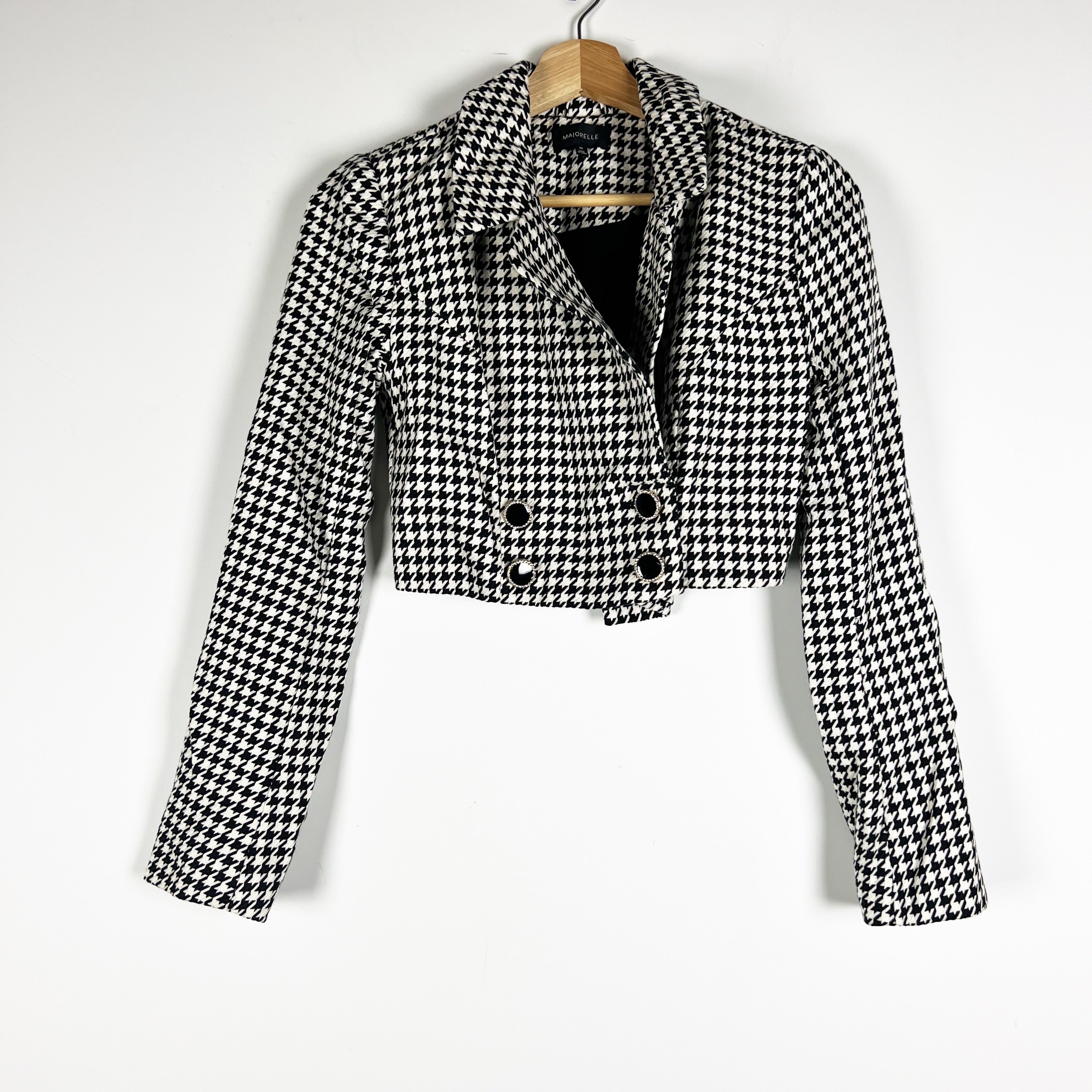 Majorelle Jayla Black White Woven Houndstooth Double Breasted Cropped Blazer XXS