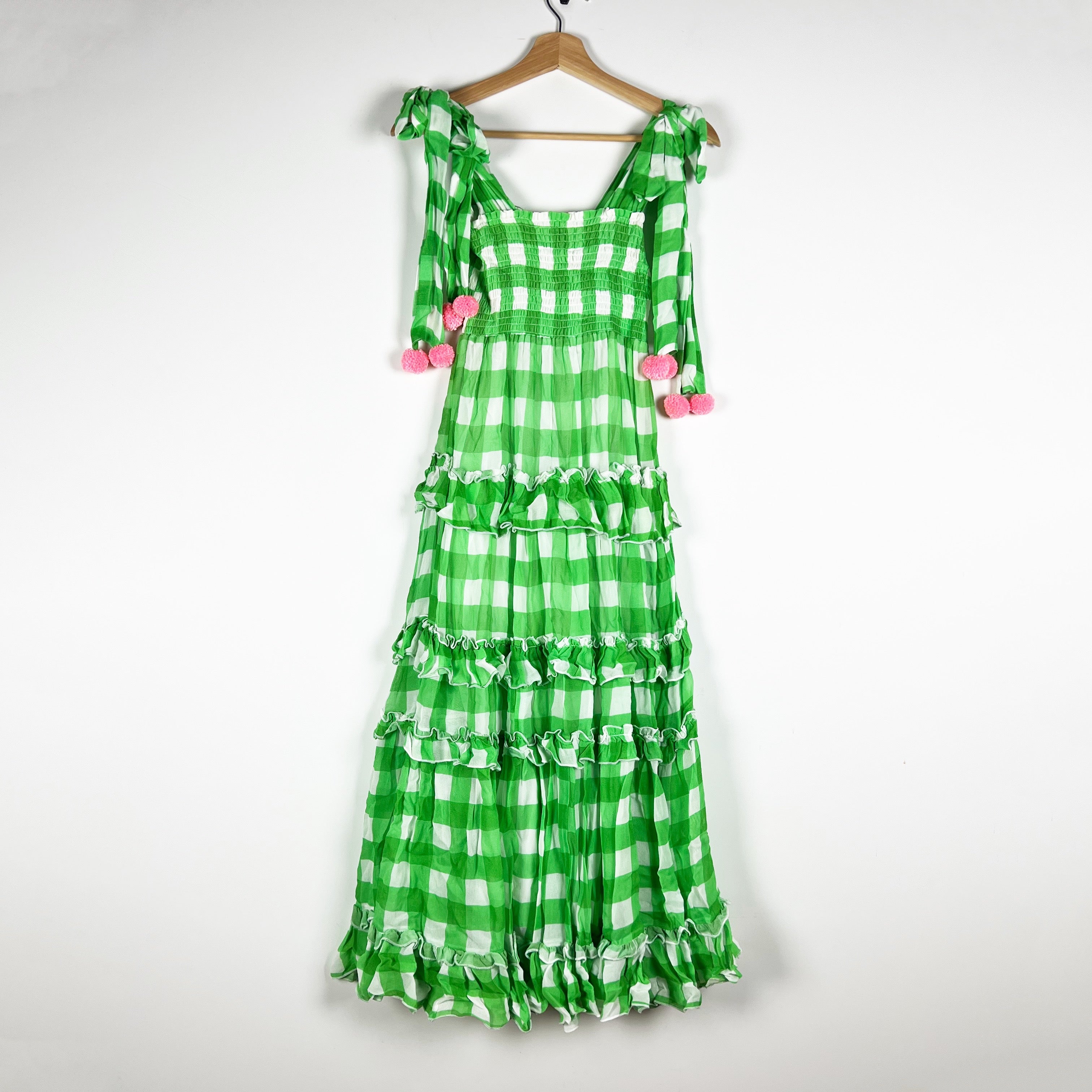 Sundress Berenice Chiffon Green White Gingham Check Tiered Maxi Dress XS/S