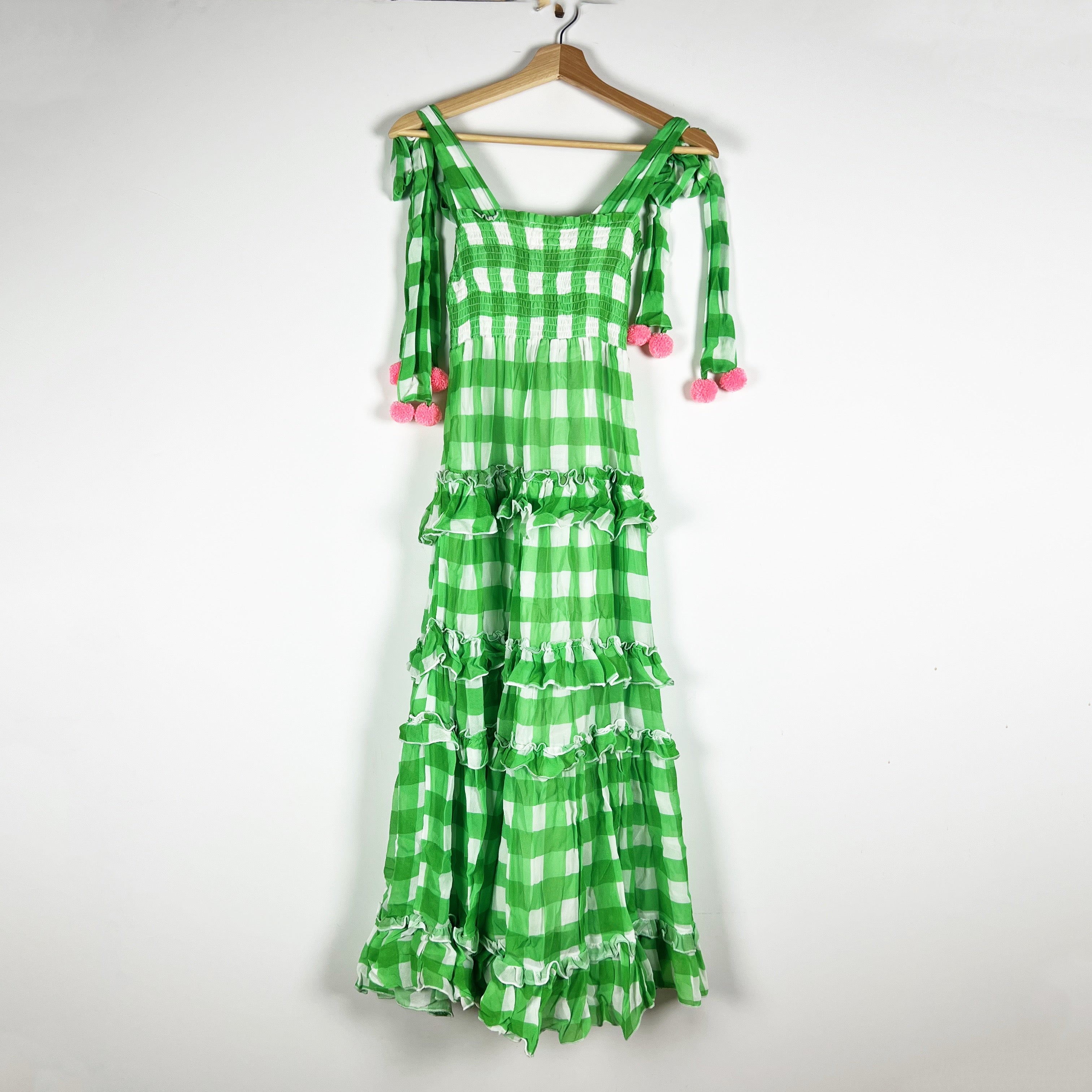 Sundress Berenice Chiffon Green White Gingham Check Tiered Maxi Dress XS/S