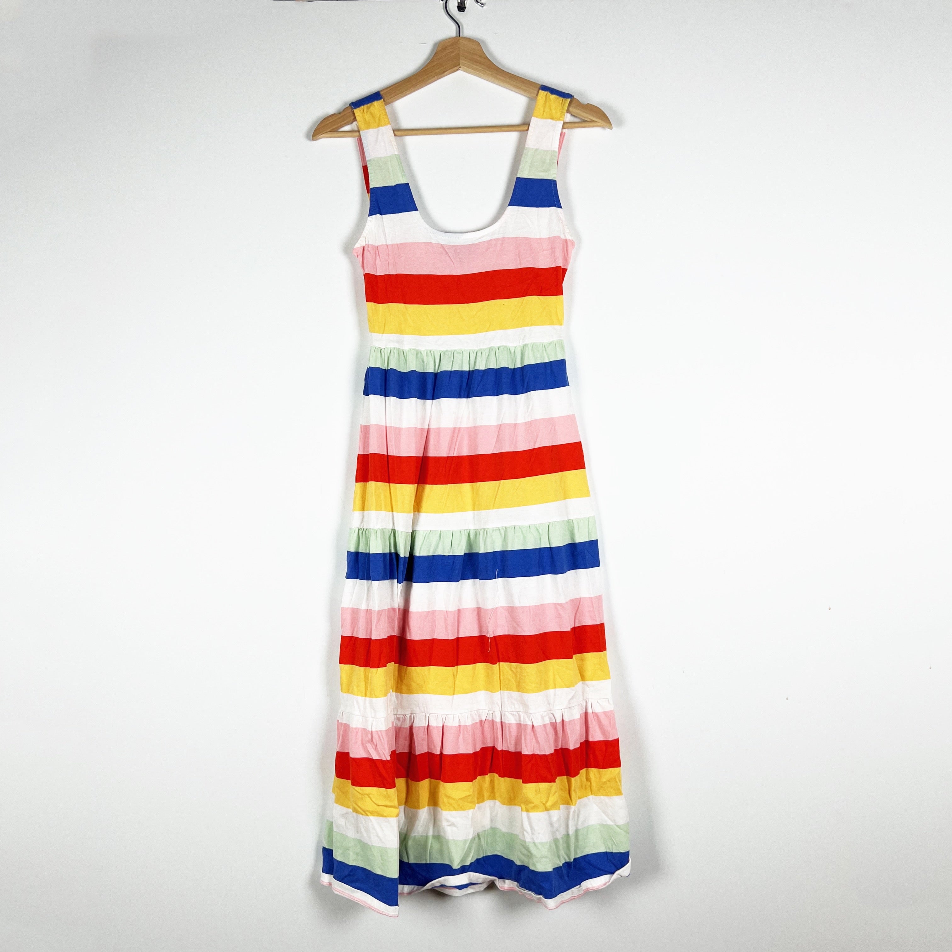 J. Crew Tiered Knit Stretch Scoop Neck Maxi Dress In Rainbow Wide Stripe Print