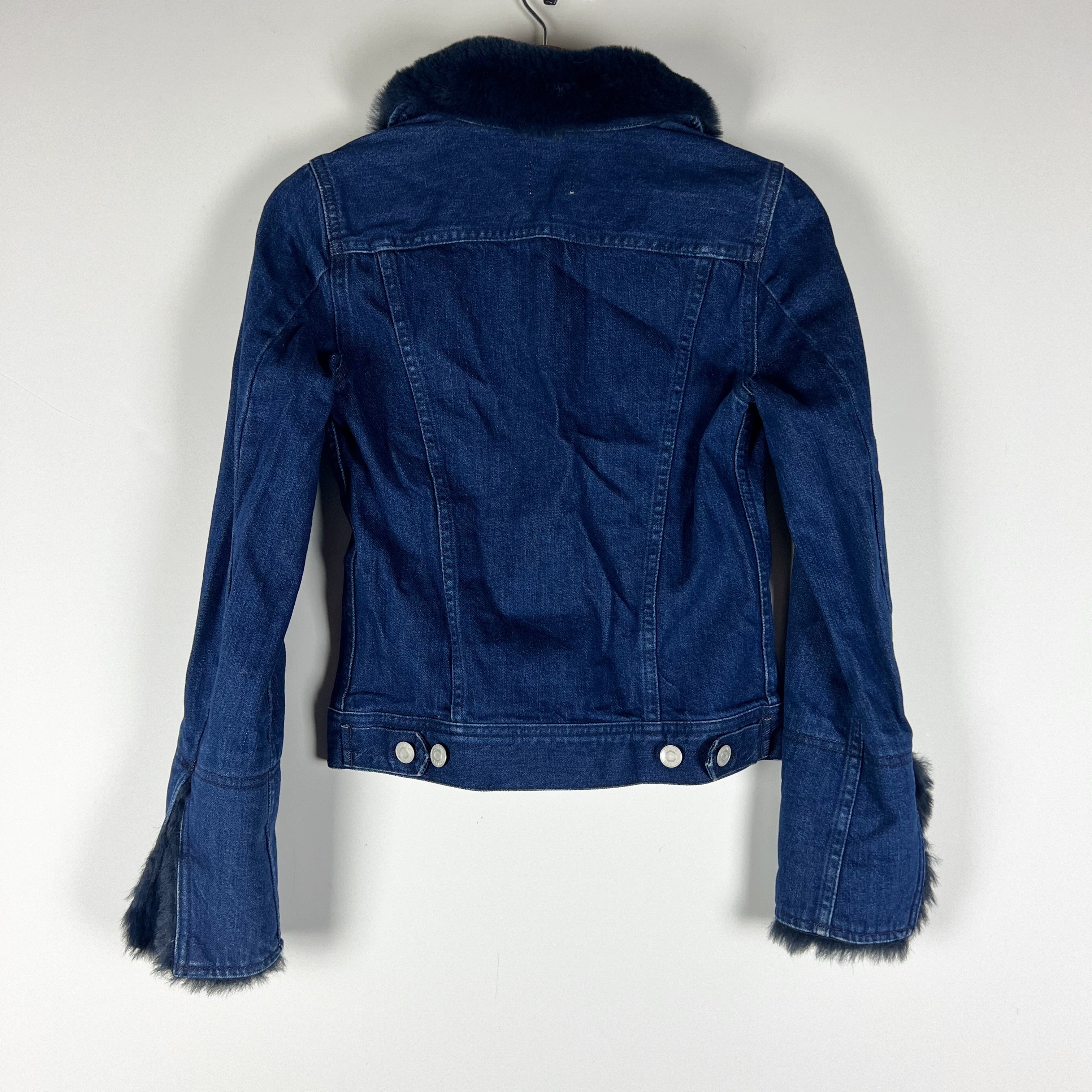 J. Crew Women's Cotton Stretch Denim Jean Faux Vegan Fur Trim Jacket Indigo Blue