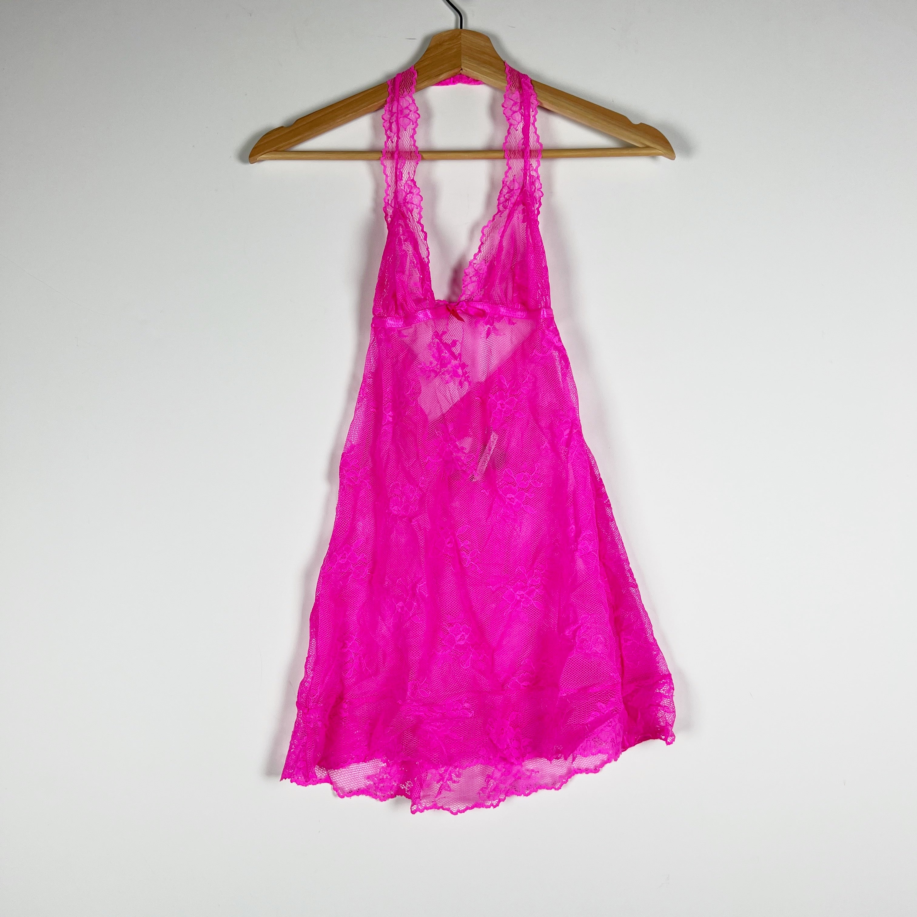 Victoria's Secret Women's Allover Sheer Lace Halterneck Lingerie Top Neon Pink