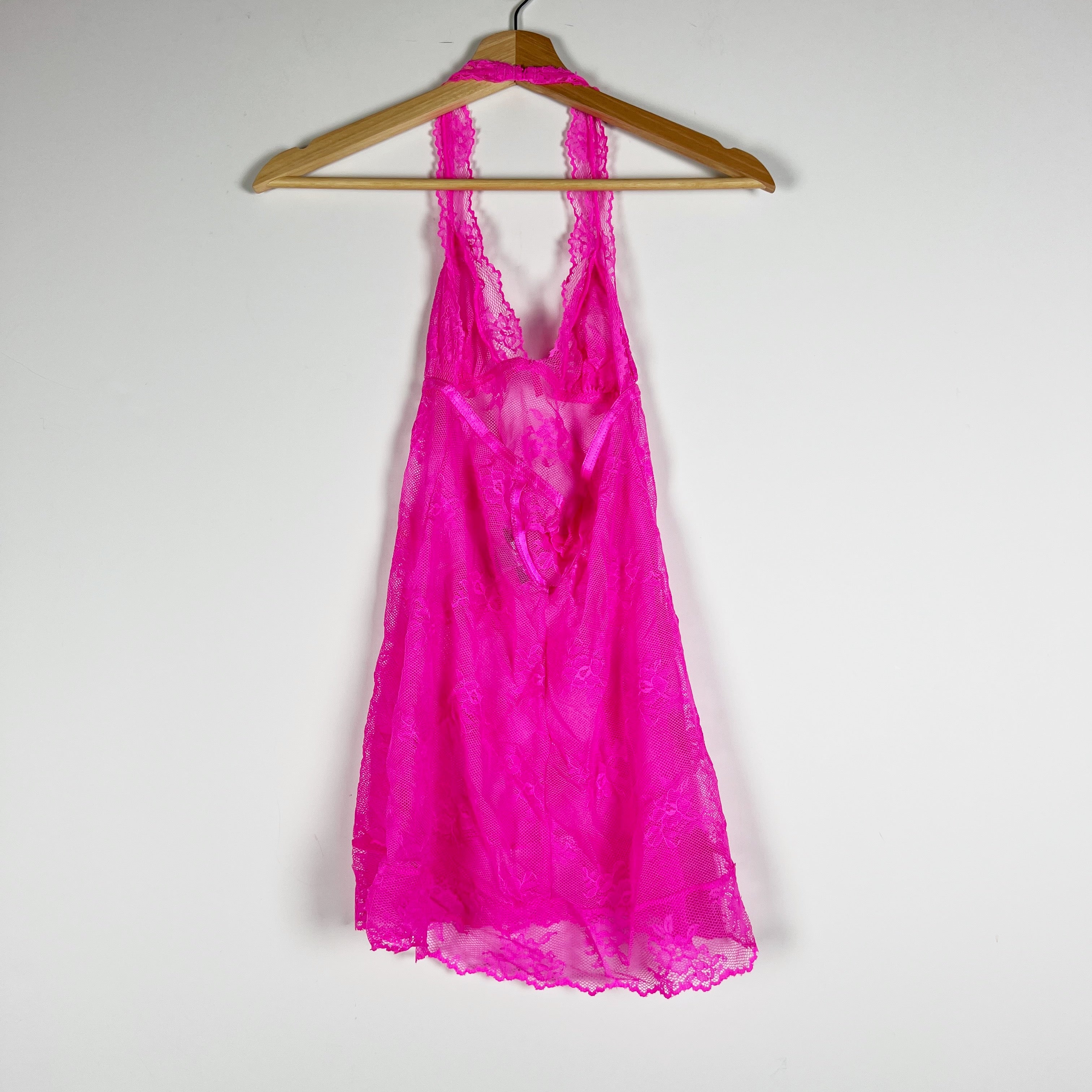 Victoria's Secret Women's Allover Sheer Lace Halterneck Lingerie Top Neon Pink