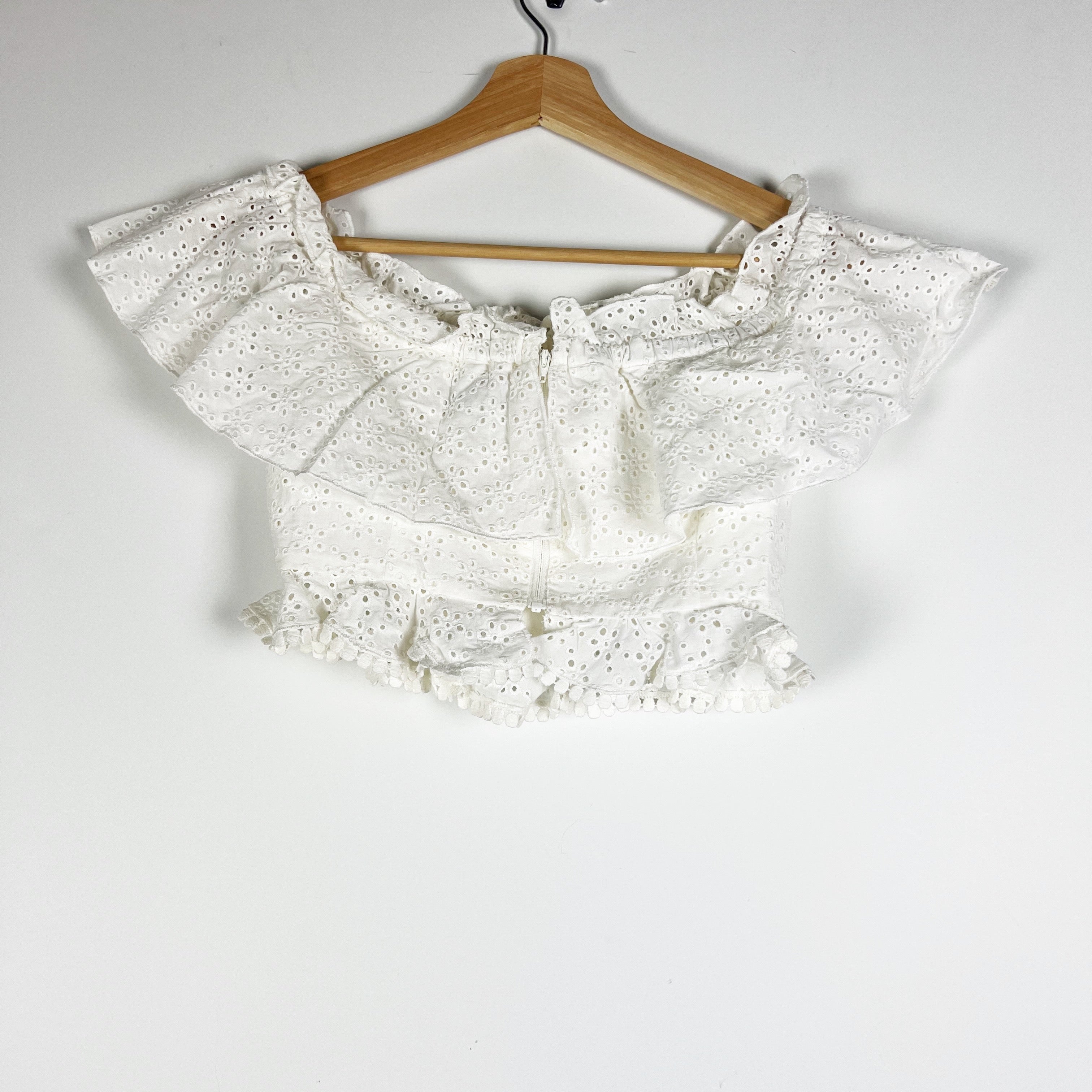 Majorelle Julianna Cotton Eyelet Lace Off The Shoulder Ruffle Crop Top White XS