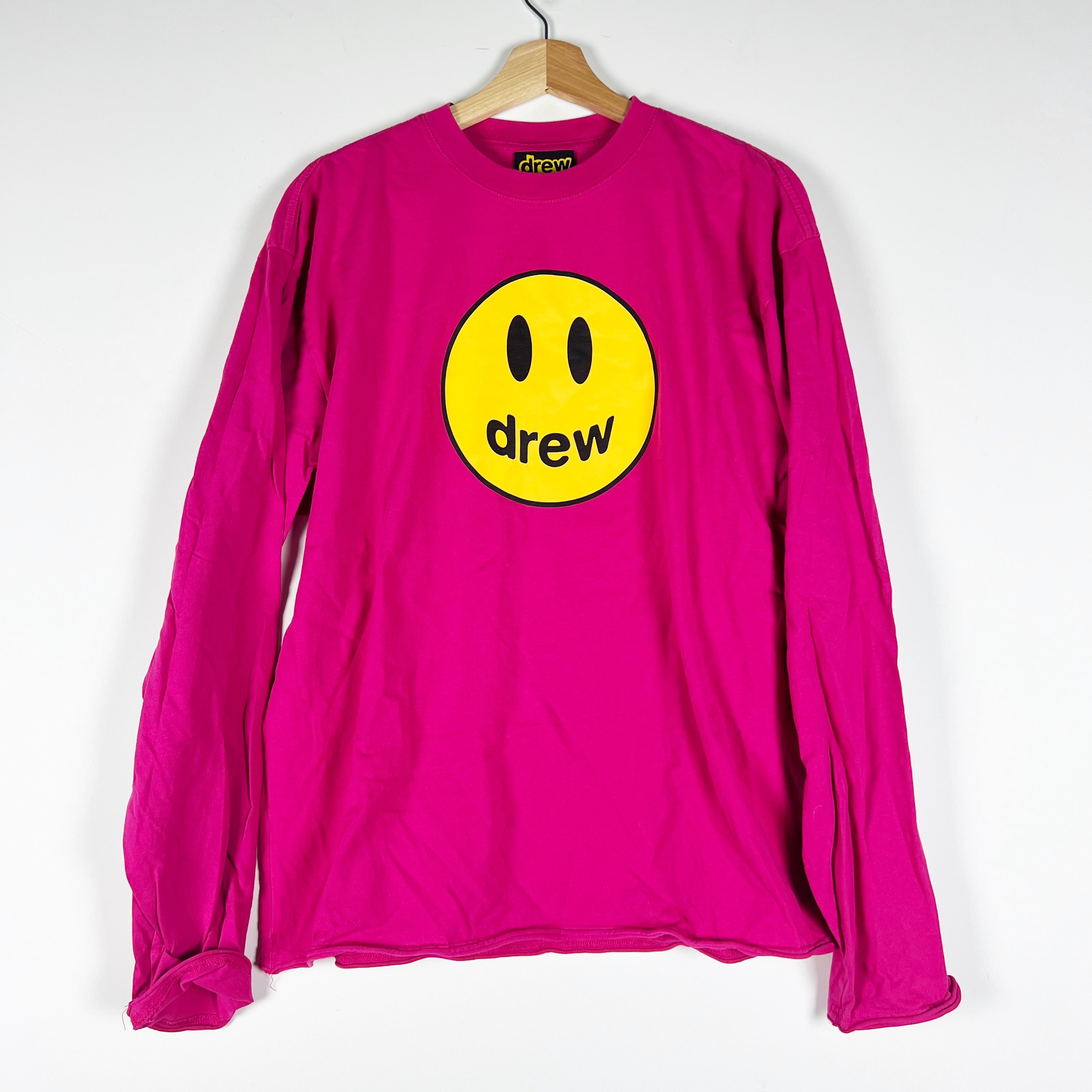 Drew House Mascot Smiley Face Long Sleeve Cotton Crew Tee Shirt Fuchsia Pink S