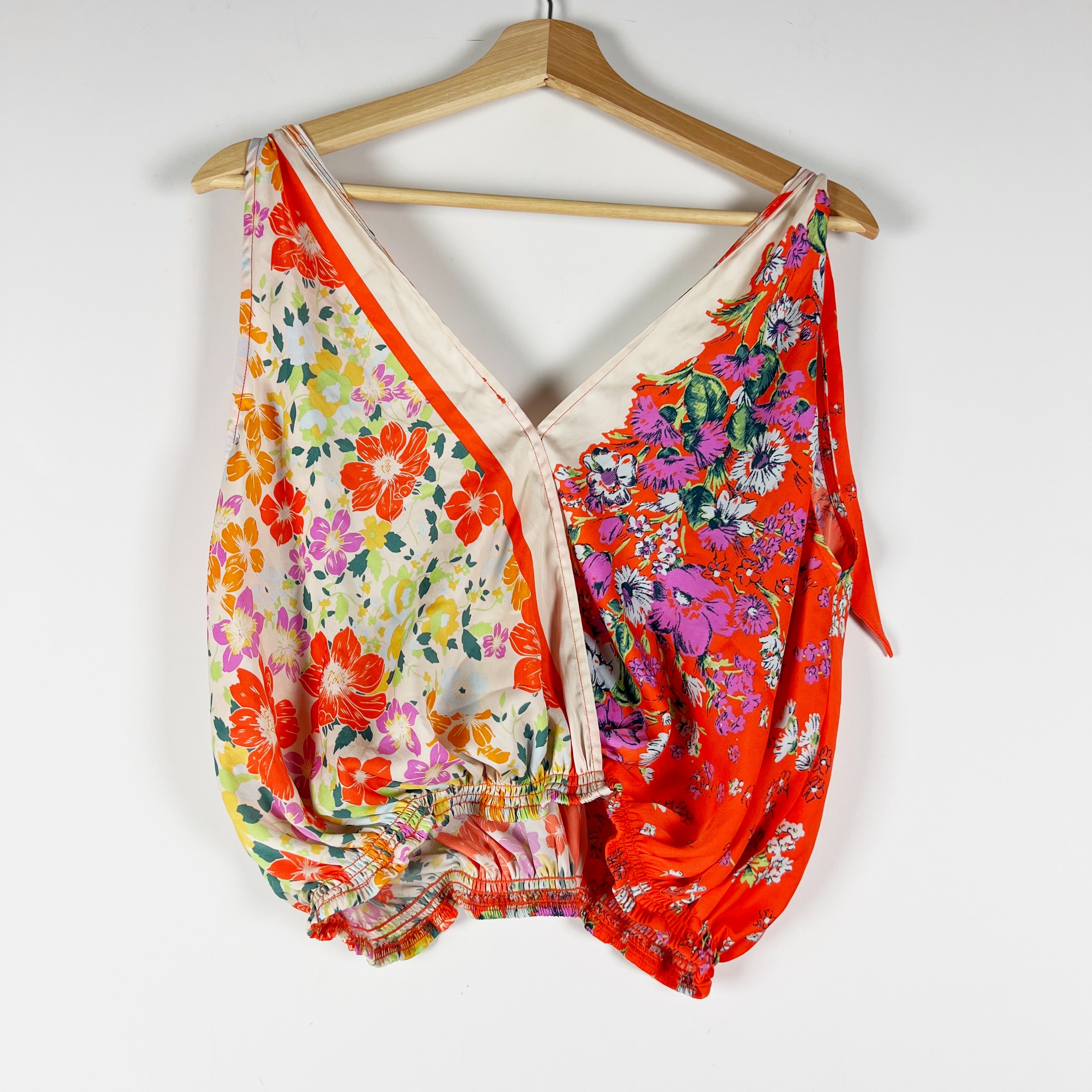 Free People Tied To You Satin Deep VNeck Sleeveless Tank Top Blouse Fiesta Combo