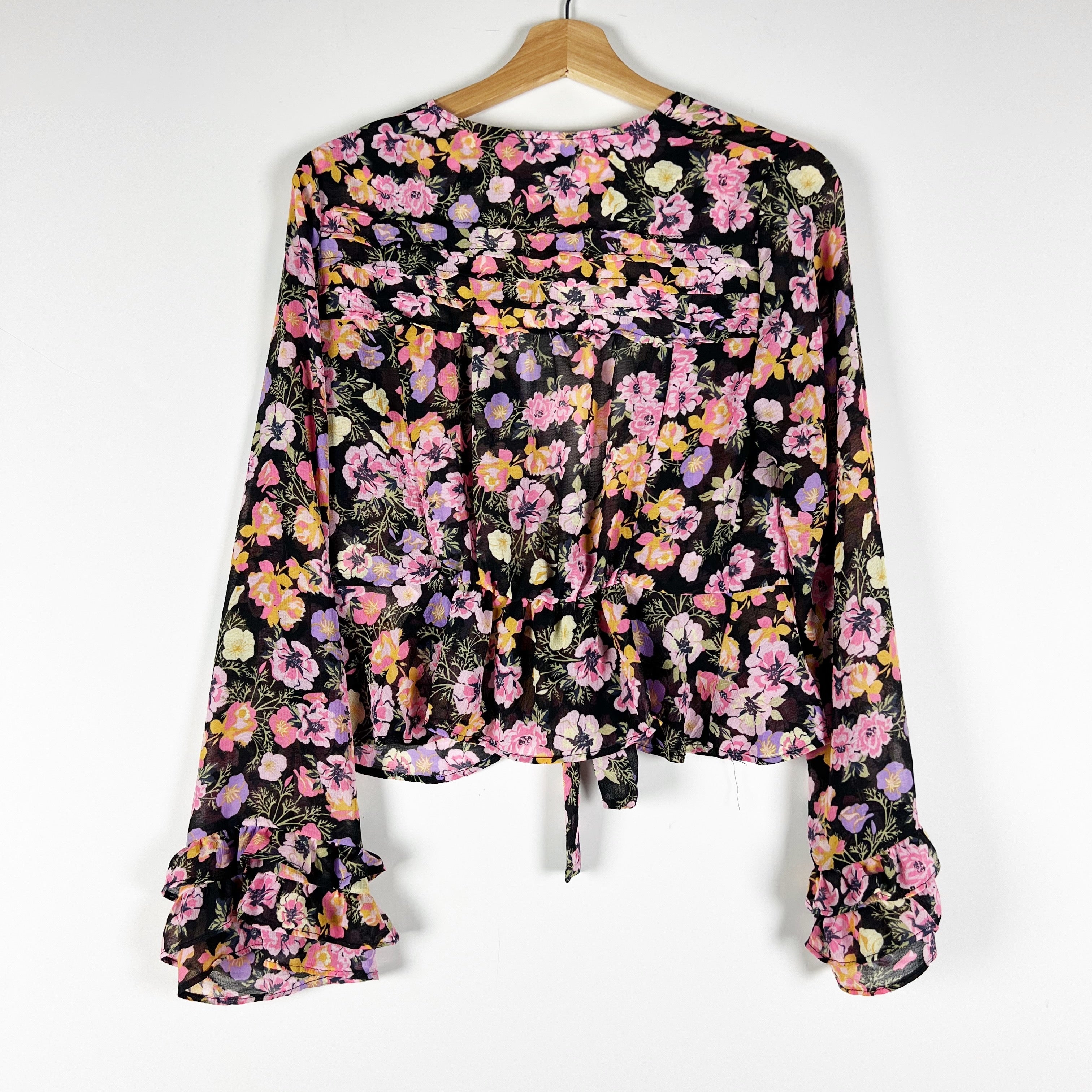 Free People Maybel Tulle Mesh V Neck Long Sleeve Black Combo Floral Multi Blouse