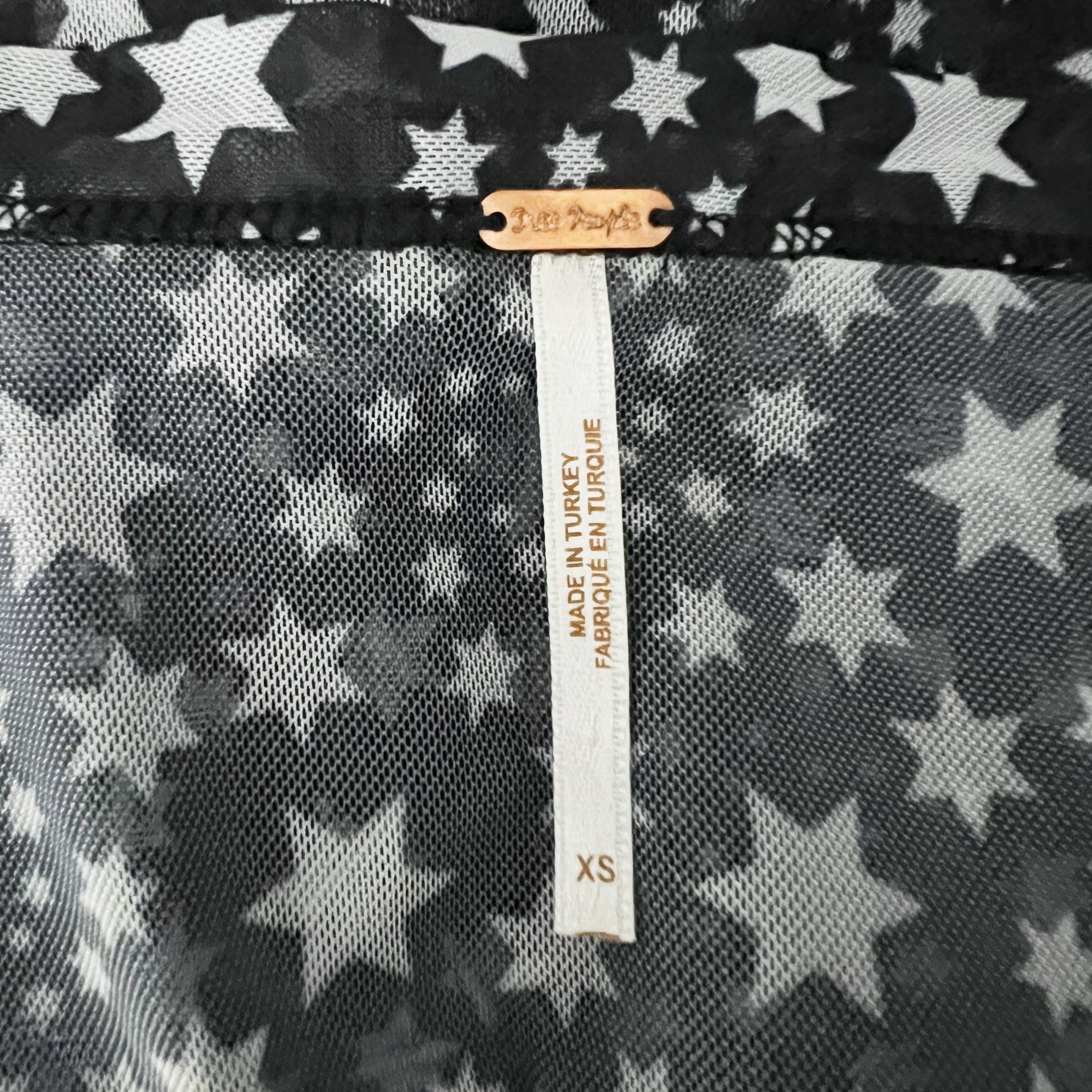 Free People Marne Mesh Tulle Black White Star Print Pattern V Neck Ruched Blouse