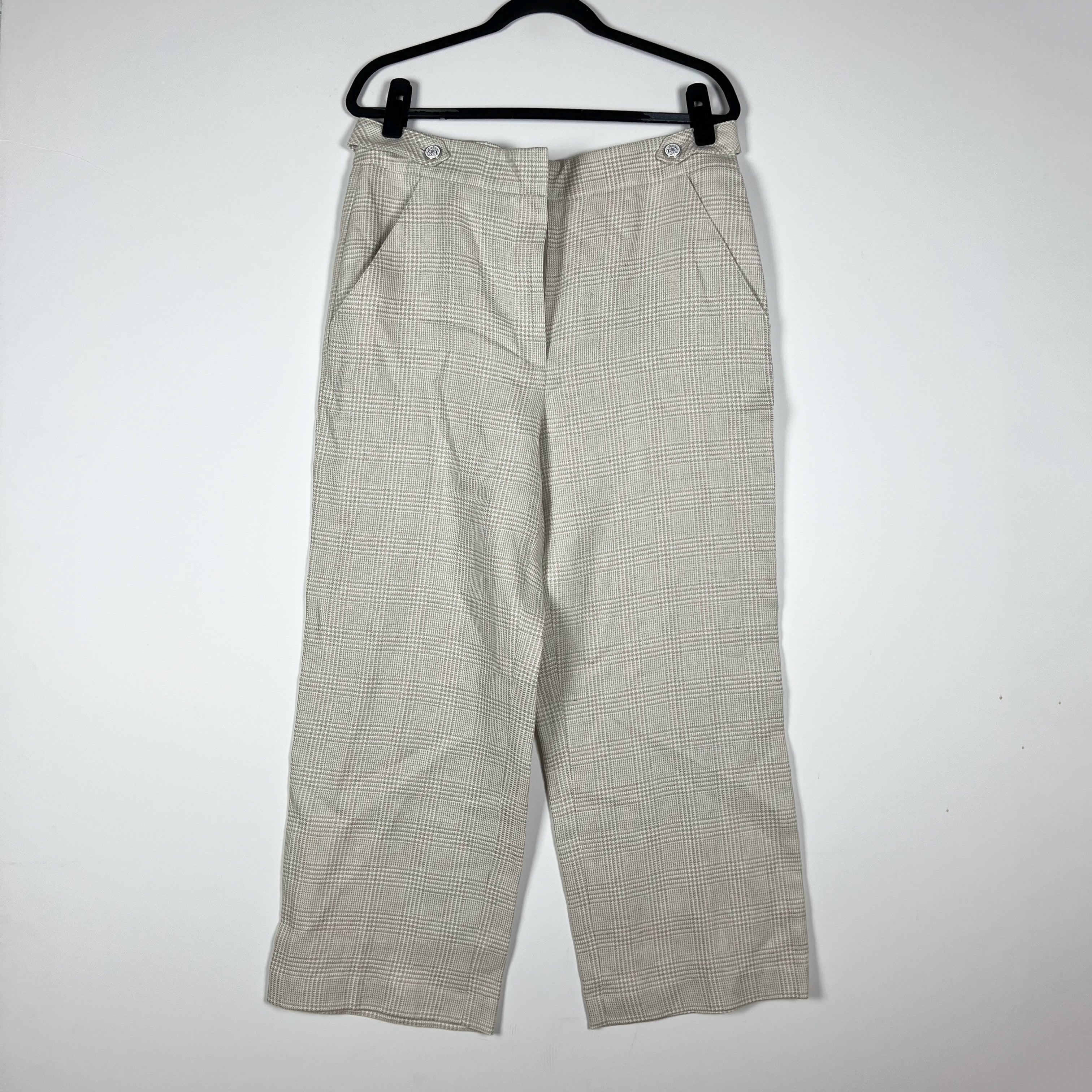 NEW Veronica Beard Isley Linen Cotton Straight Leg Crop Oatmeal Woven Print Pant