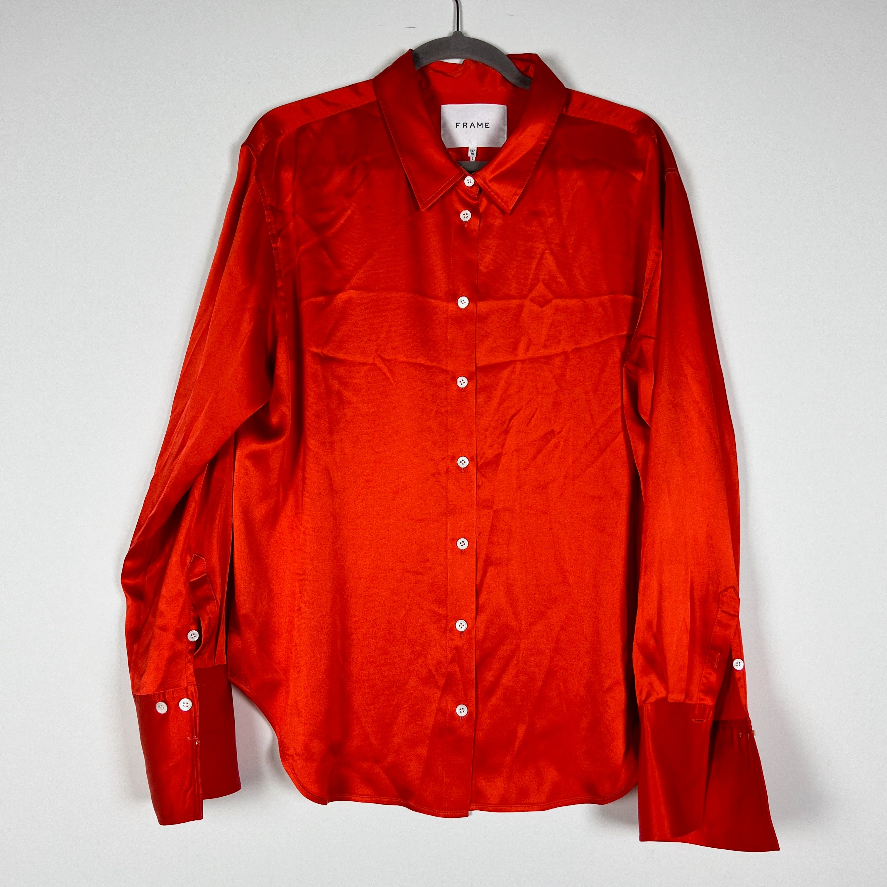 Frame Women's Standard Stretch Silk Satin Collared Button Down Long Sleeve Shirt