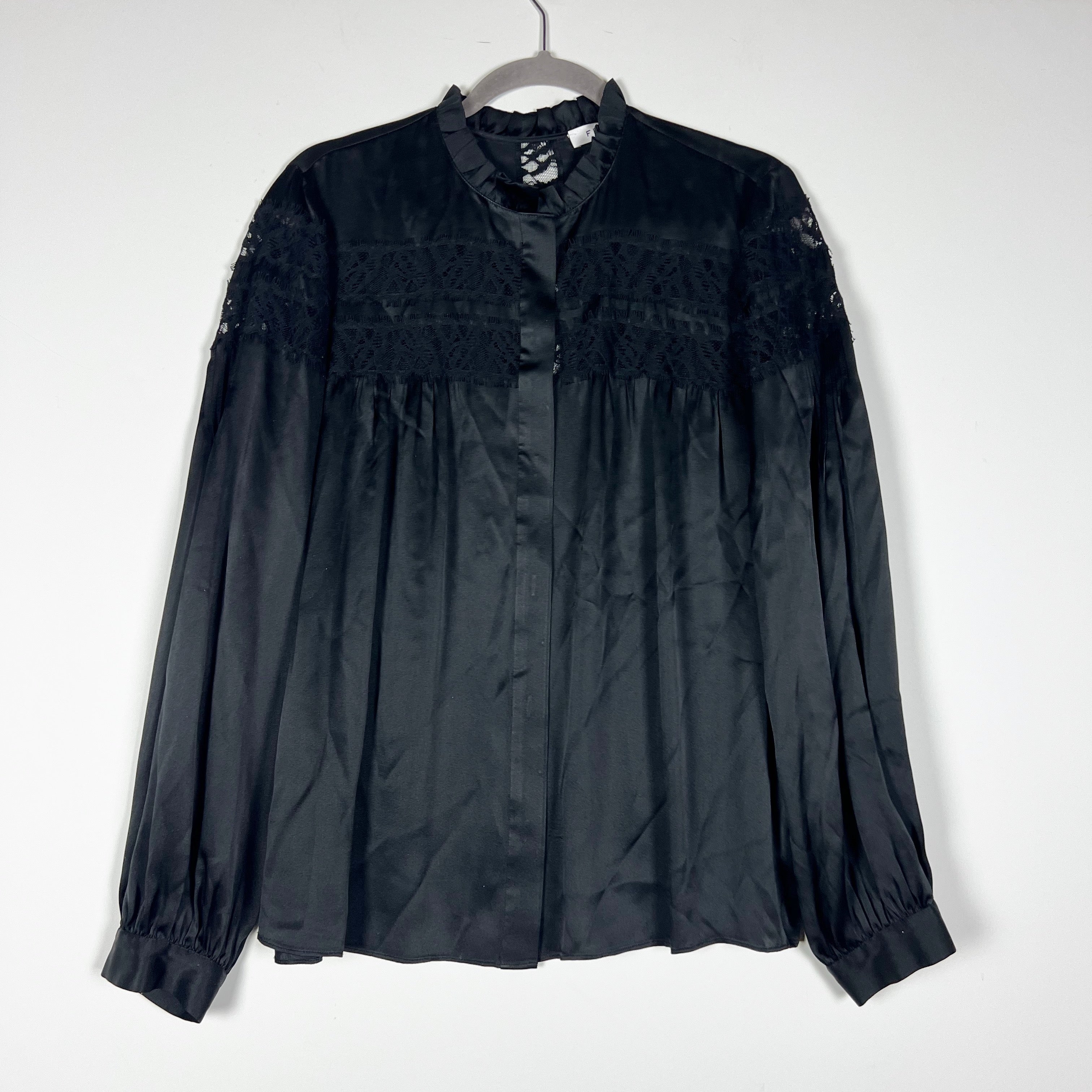 Frame Sheer Lace Panel Long Sleeve Silk Satin Button Down Ruffle Collar Blouse L