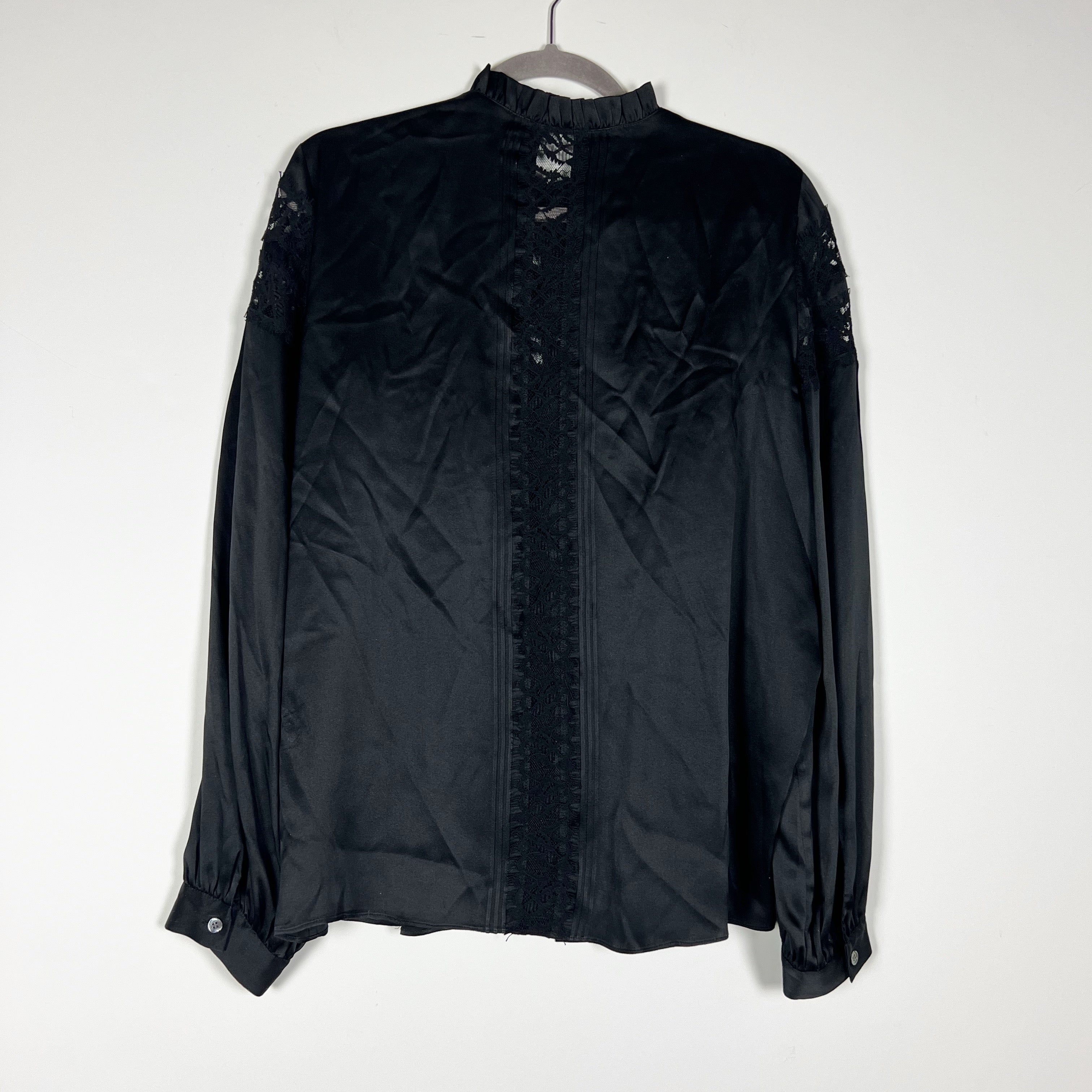 Frame Sheer Lace Panel Long Sleeve Silk Satin Button Down Ruffle Collar Blouse L