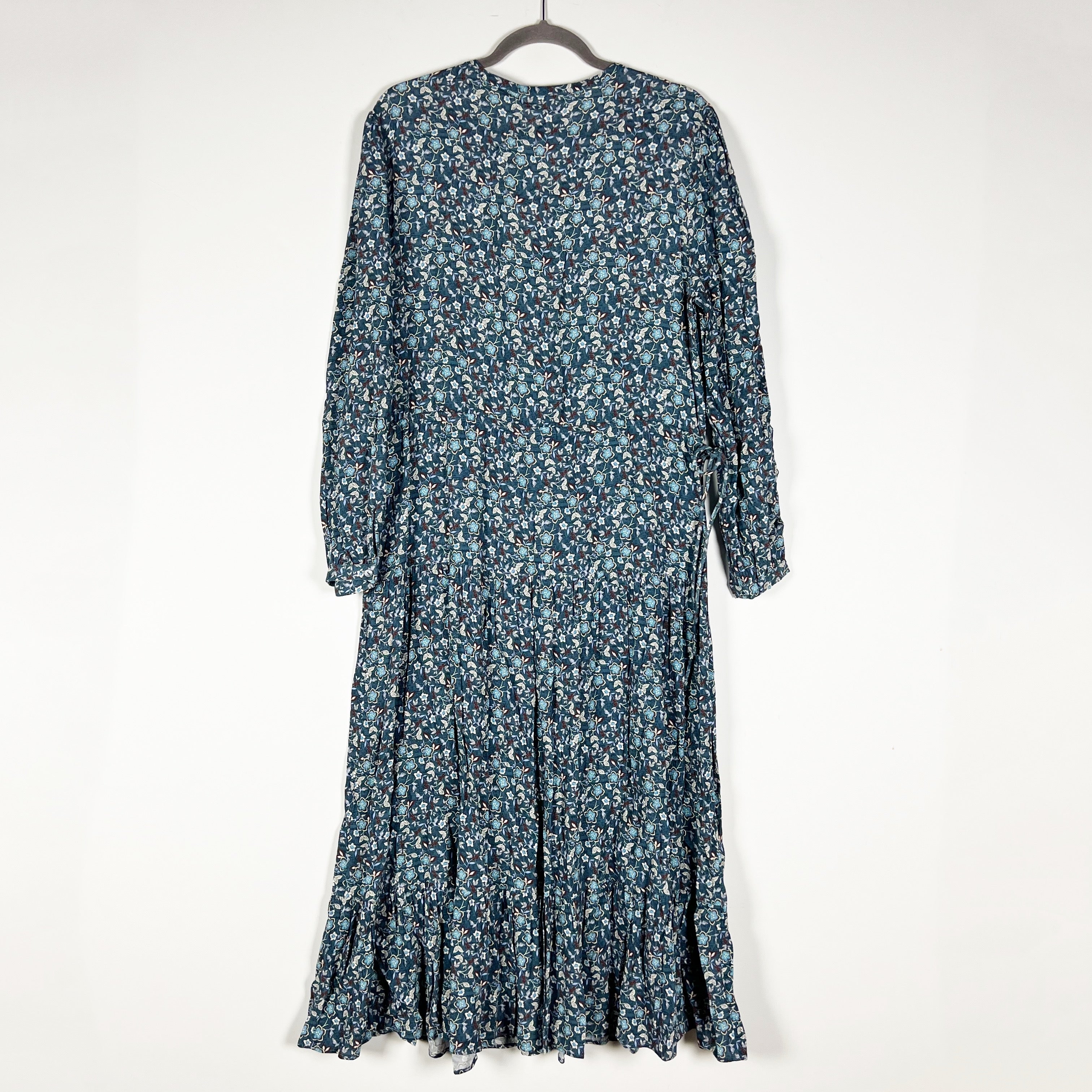 NEW Rebecca Minkoff Esme Tie Waist V Neck Long Sleeve Midi Dress Teal Multi L