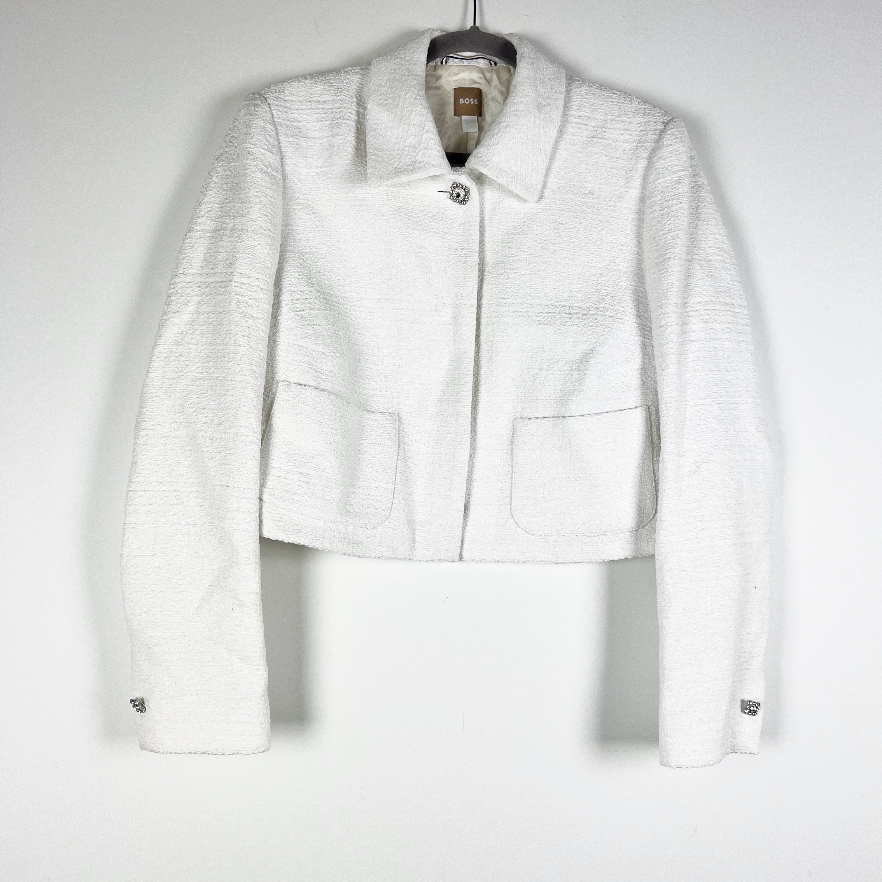 Hugo Boss Women's Cotton Blend Textured Crystal Jewel Button Cropped Jacket 14
