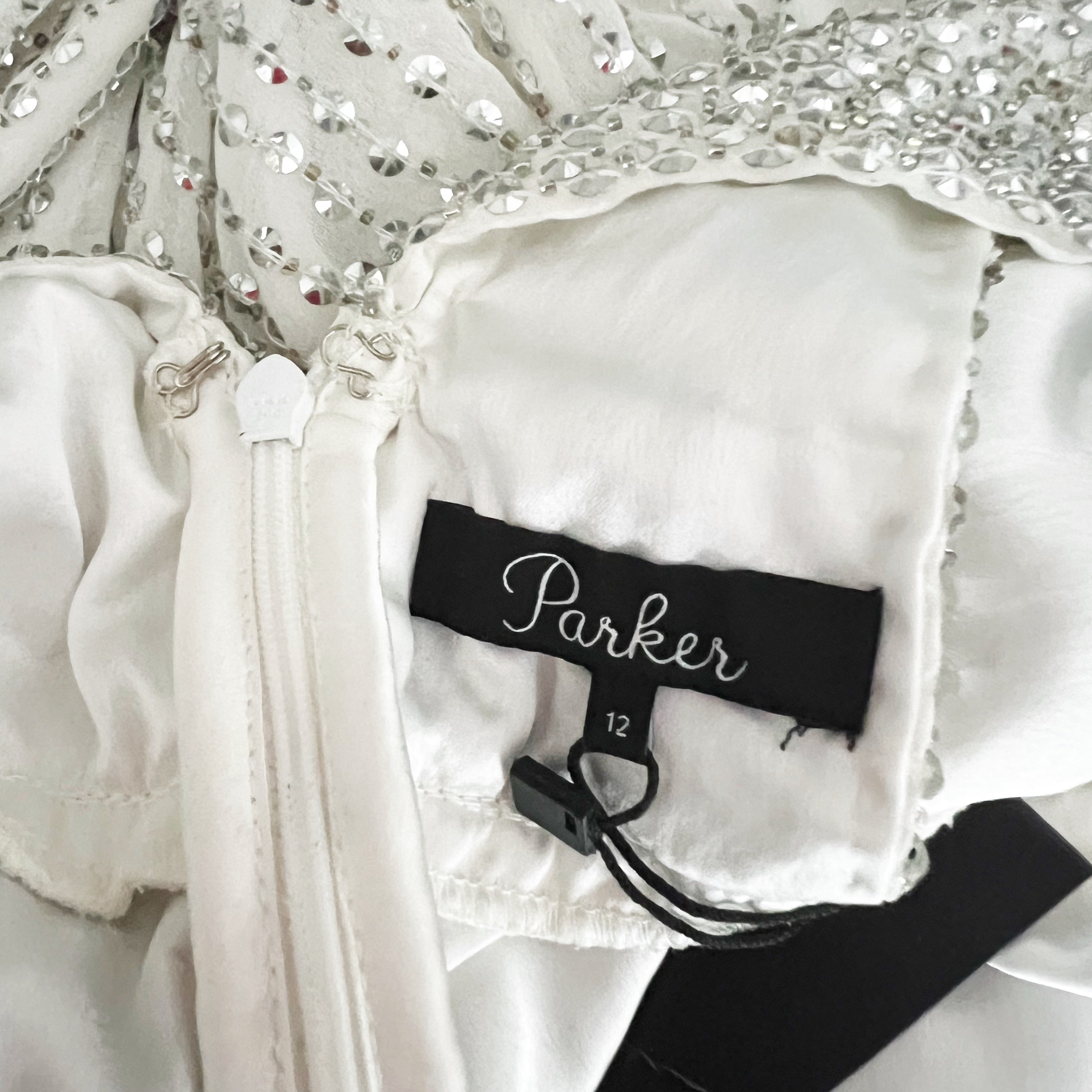 NEW Parker Lita Halter Keyhole Sequin Beaded Embellished Gown Dress Silver White