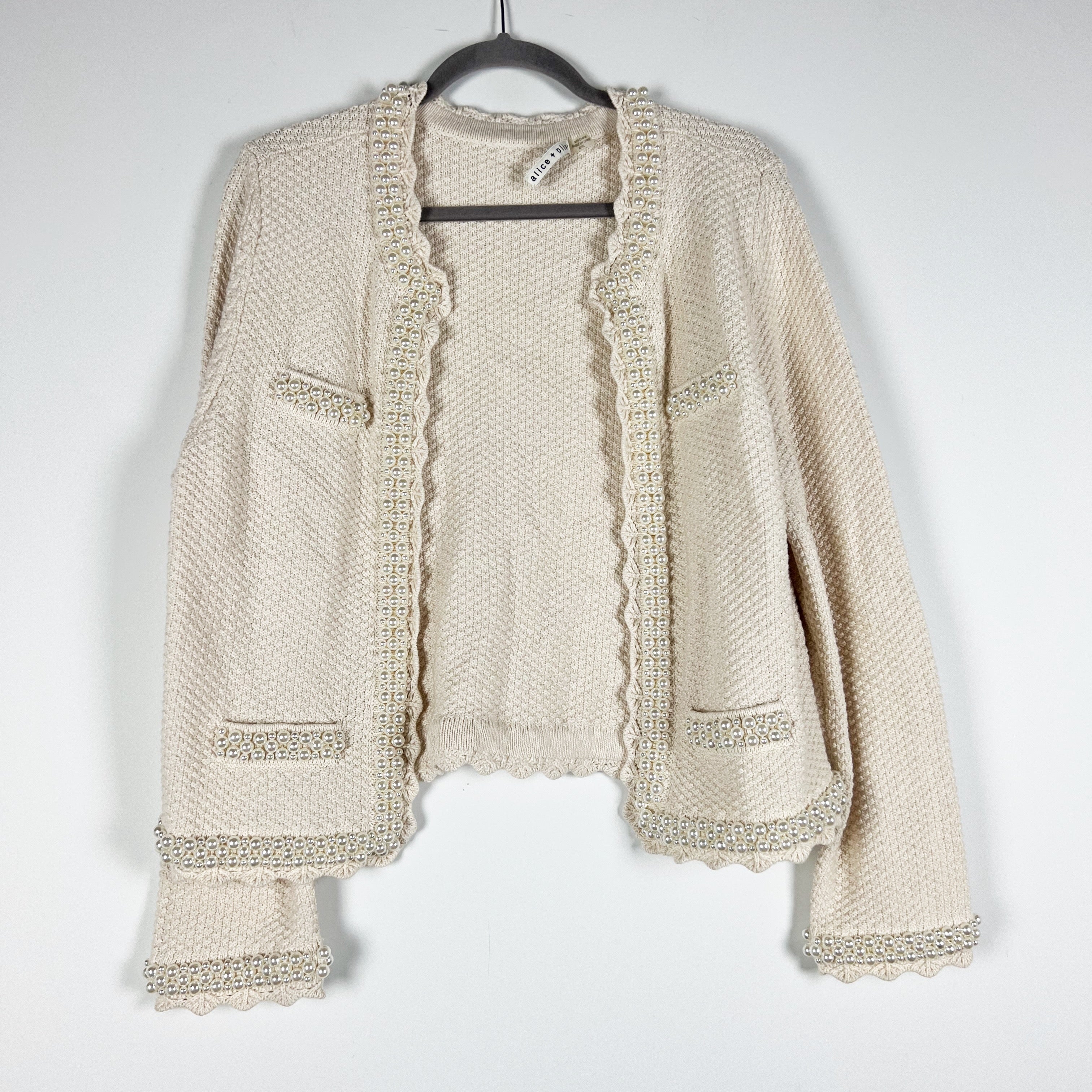 Alice + Olivia Noella Cotton Wool Knit Stretch Pearl Beaded Embellished Cardigan