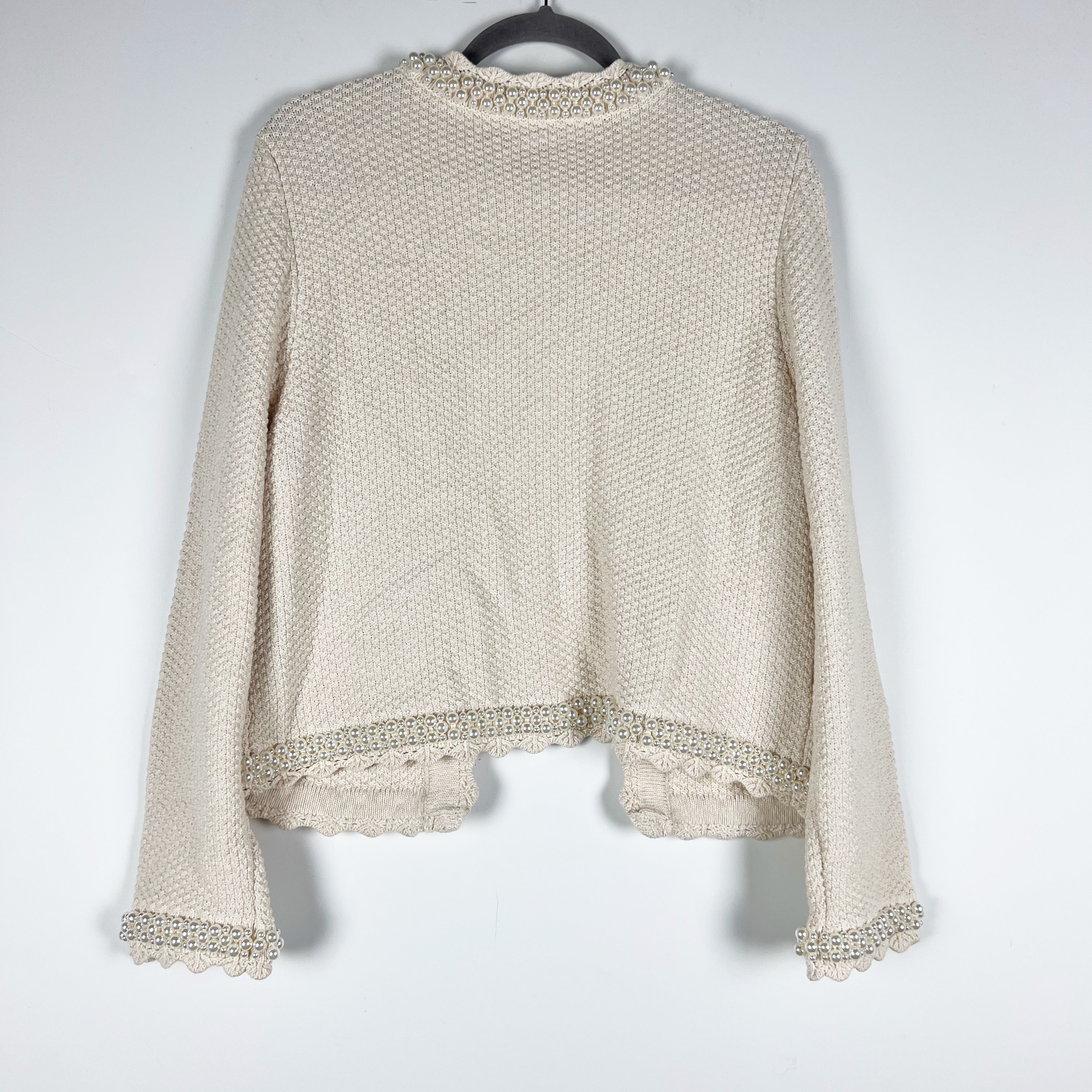 Alice + Olivia Noella Cotton Wool Knit Stretch Pearl Beaded Embellished Cardigan