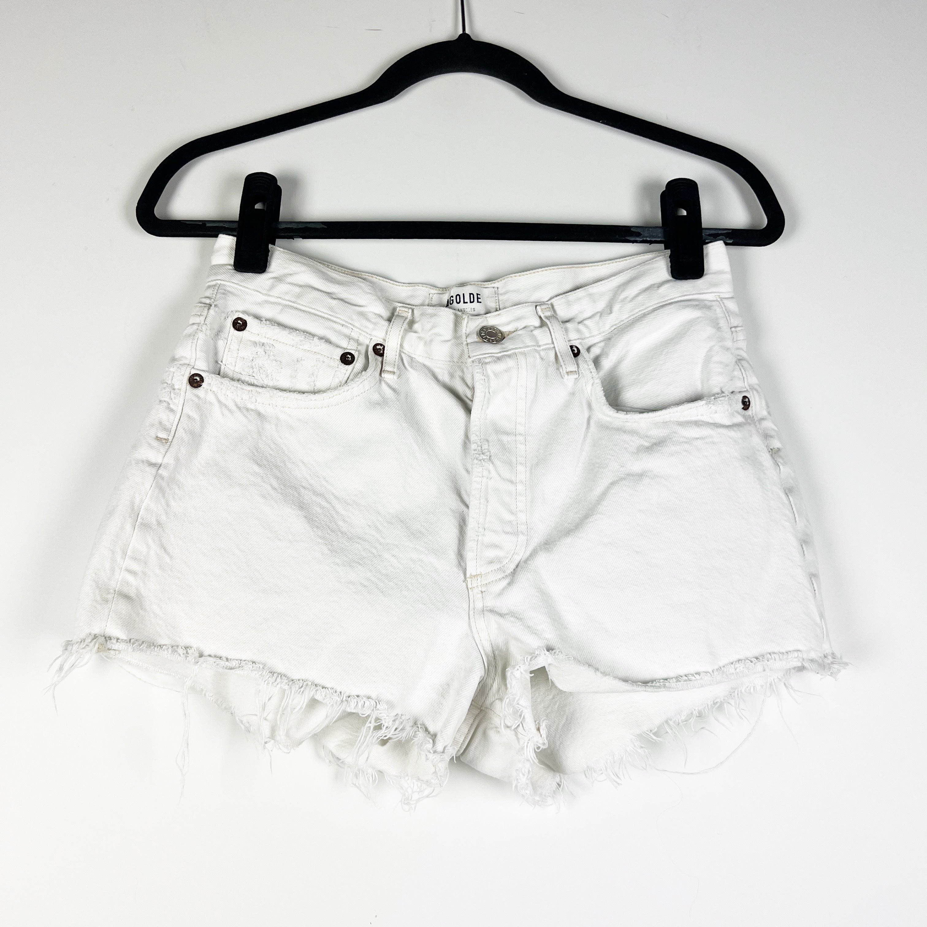 Agolde Parker High Waisted Raw Edge Cut Off Mini Jean Shorts Platinum White 26