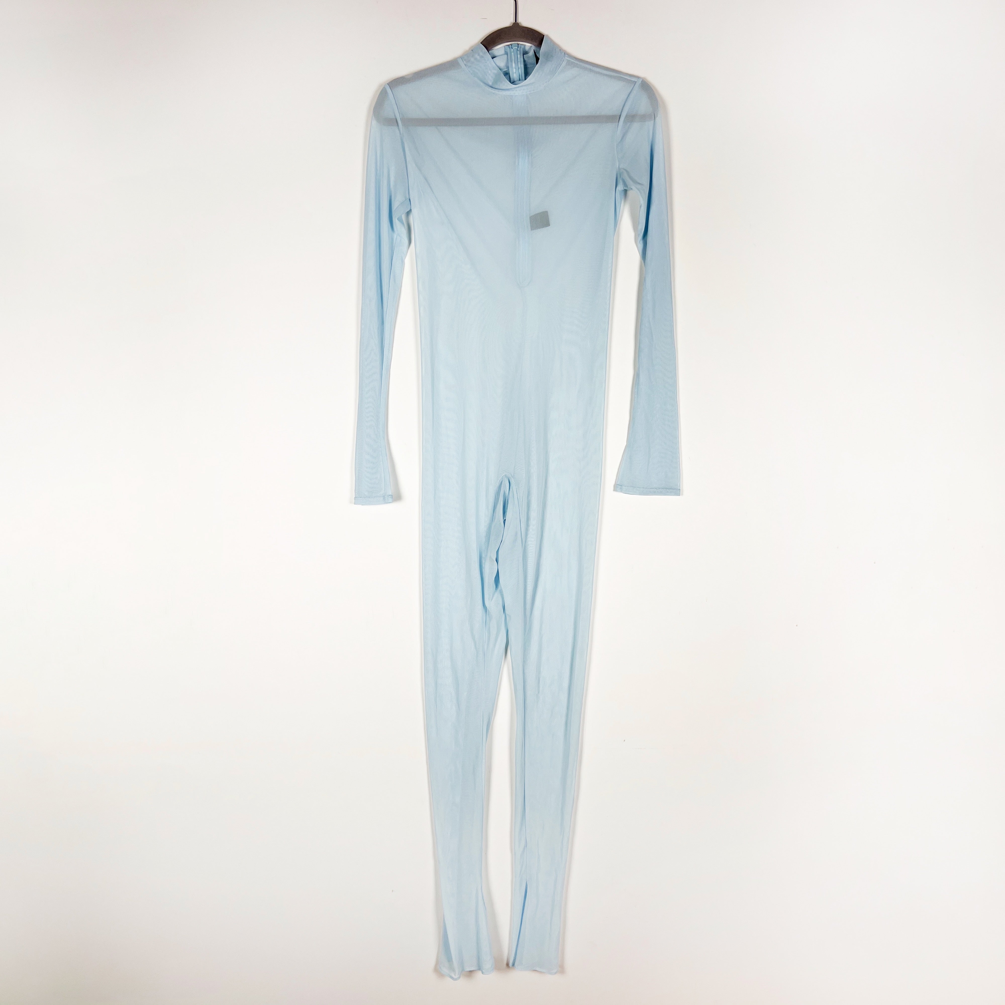 Lapointe Mesh Mock Neck Long Sleeve Full Length Semi Sheer Catsuit Light Indigo