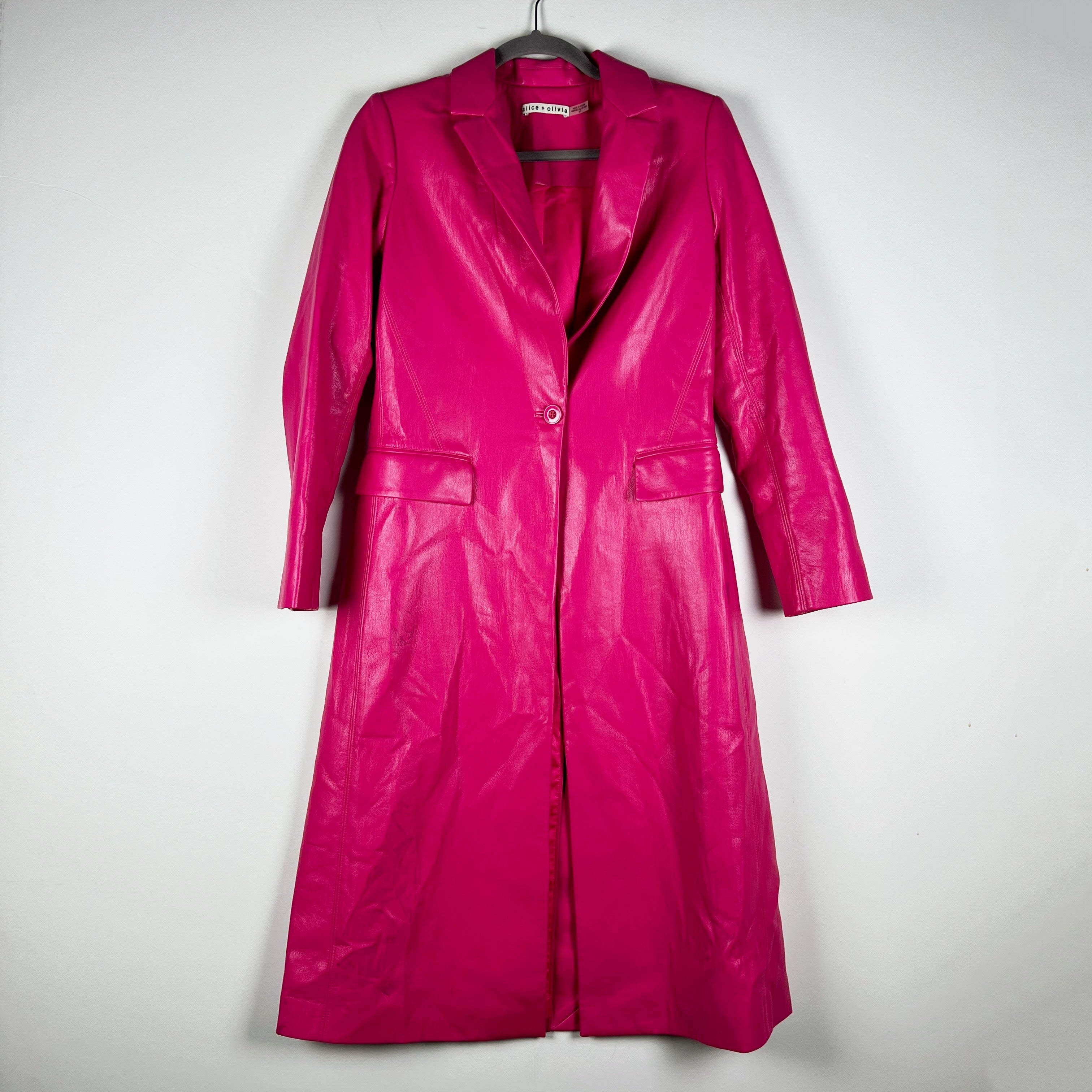 Alice + Olivia Macey Faux Leather Notch Collar One Button Blazer Trench Coat S