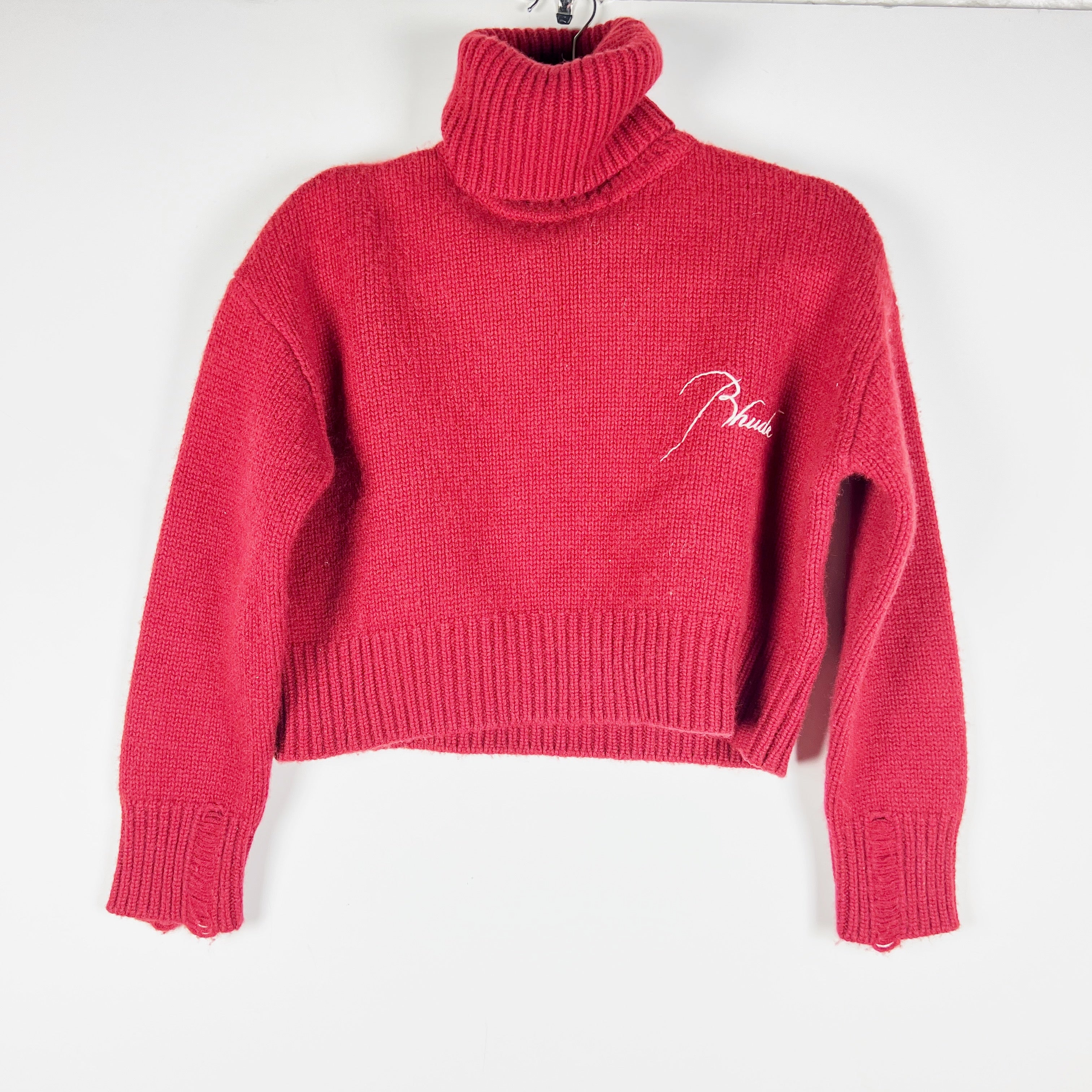 Rhude Women's Wool Cashmere Knit Distressed Logo Embroidered Turtleneck Sweater