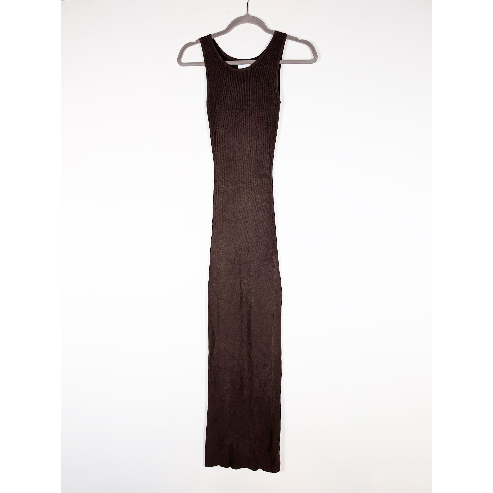 Aexae Ribbed Scoop Neck Sleeveless Knit Stretch Tank Maxi Dress Brown Small