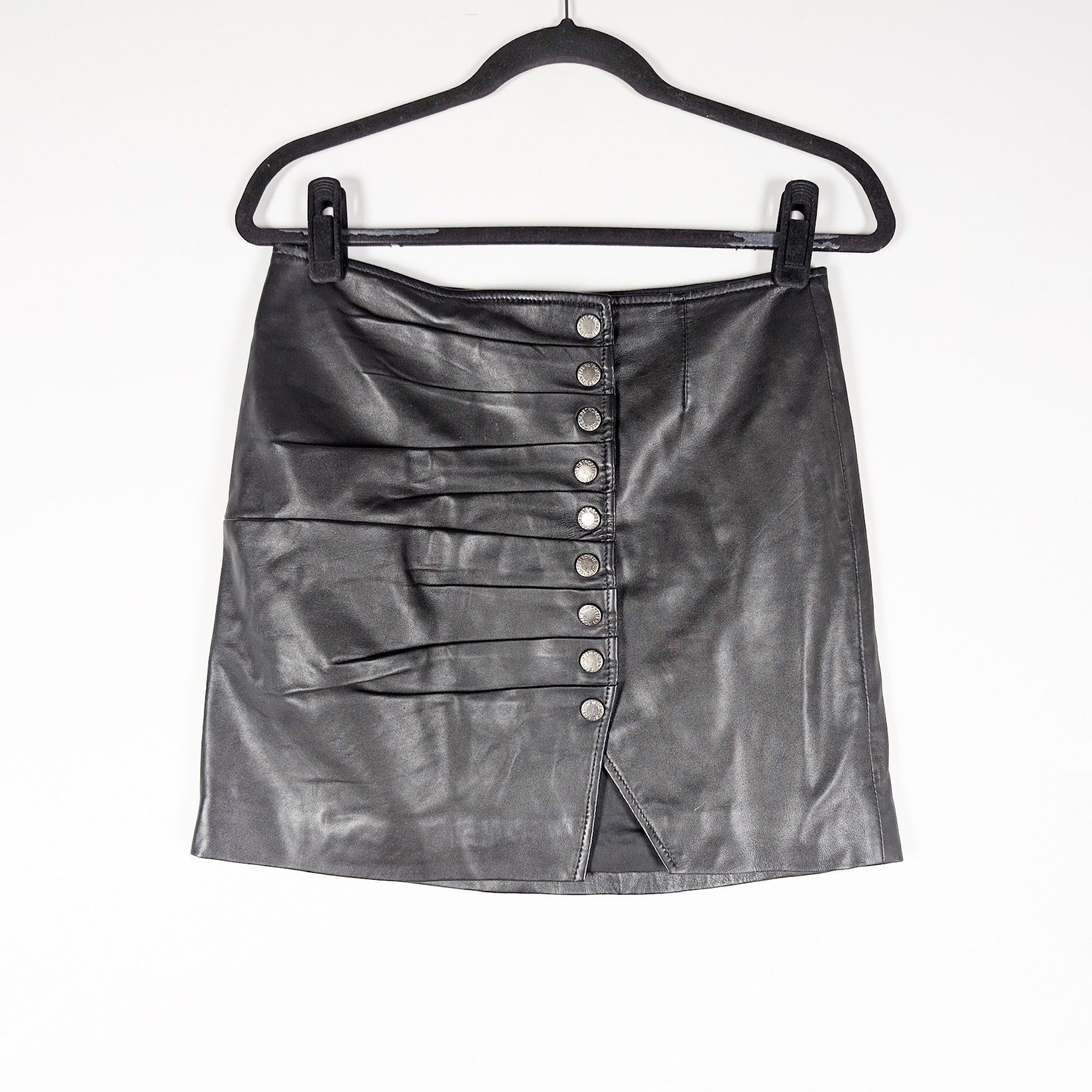 Retrofete Willa Genuine Leather Ruched Pleated Button Front Mini Skirt Black M