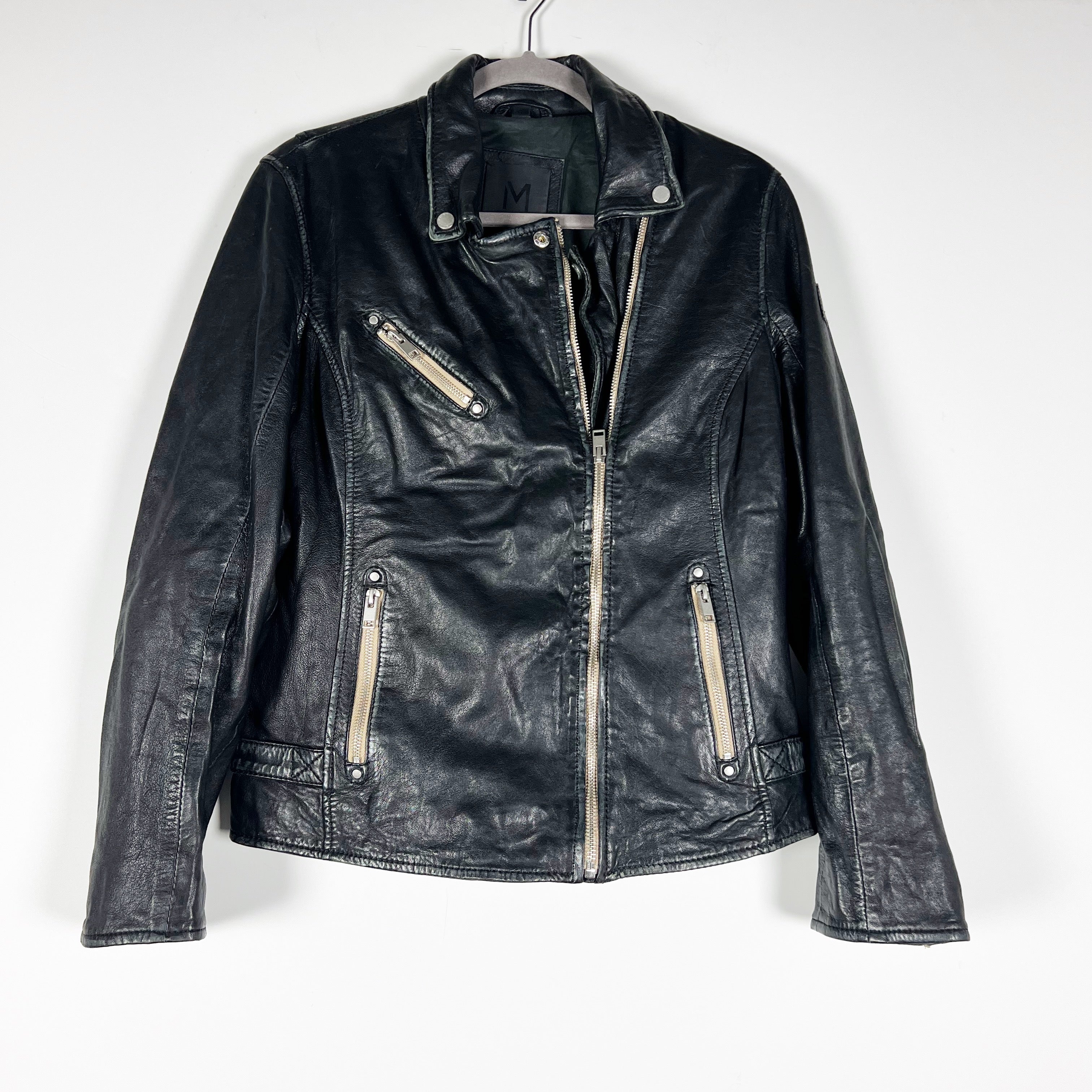 Mauritius Sofia Women's Genuine Leather Asymmetrical Zip Moto Biker Jacket Black