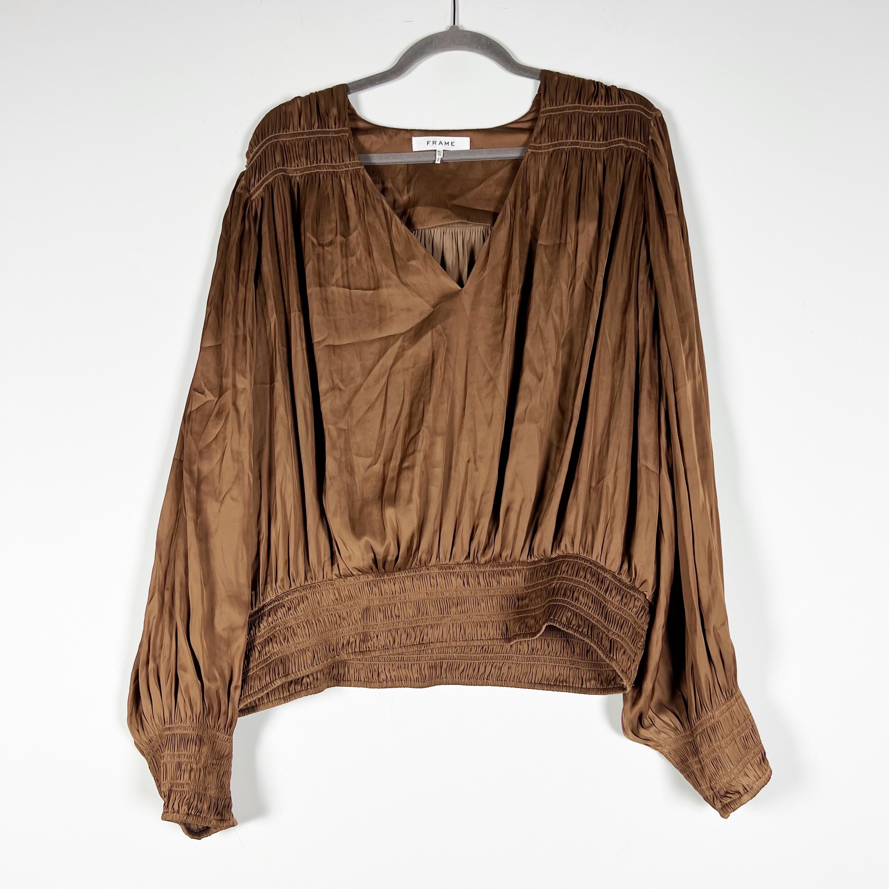Frame Pleat Satin V Neck Long Sleeve Smocked Blouse Shirt Top Bronze Brown XL