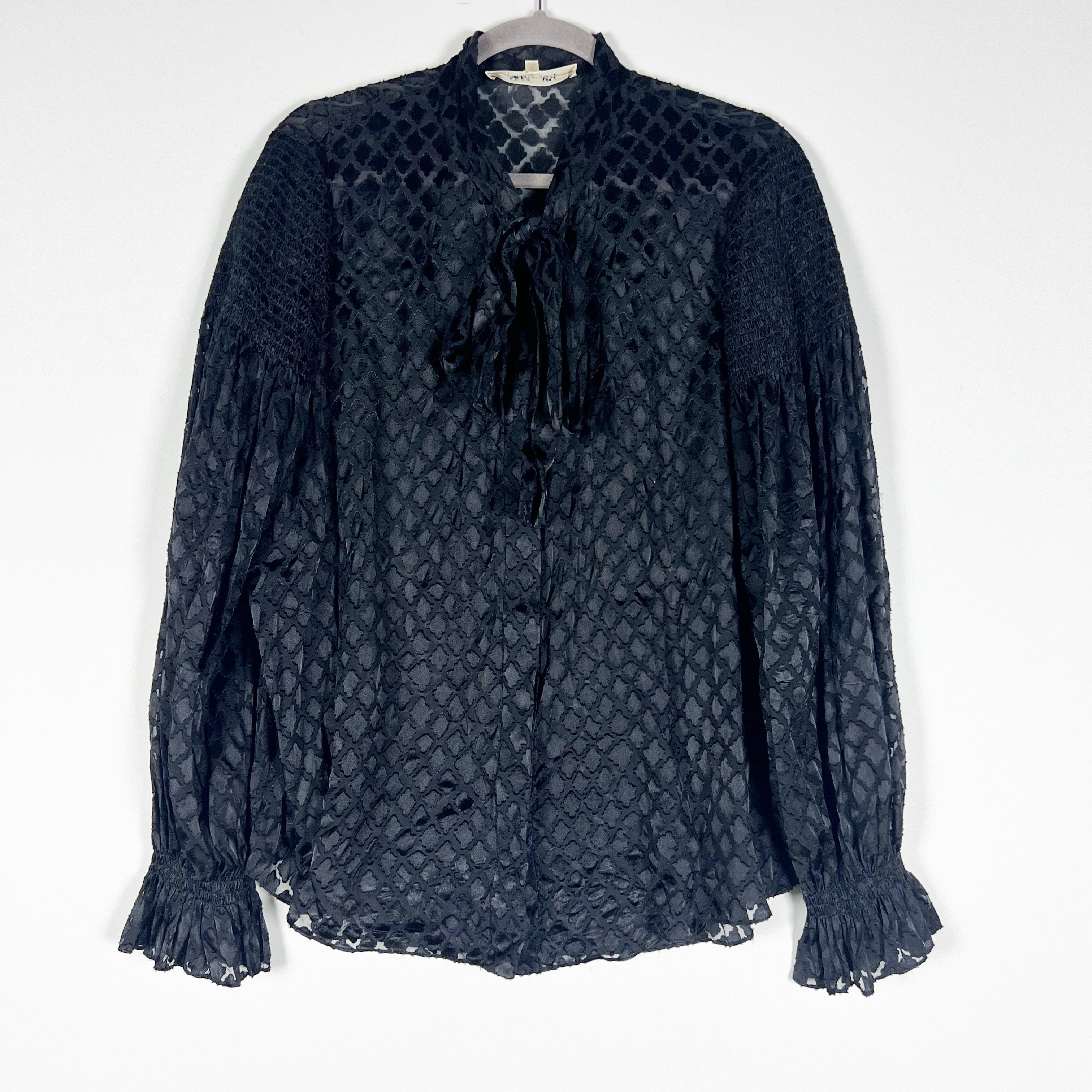 Diane Von Furstenberg Burn Out Button Down Neck Tie Long Sleeve Sheer Blouse L