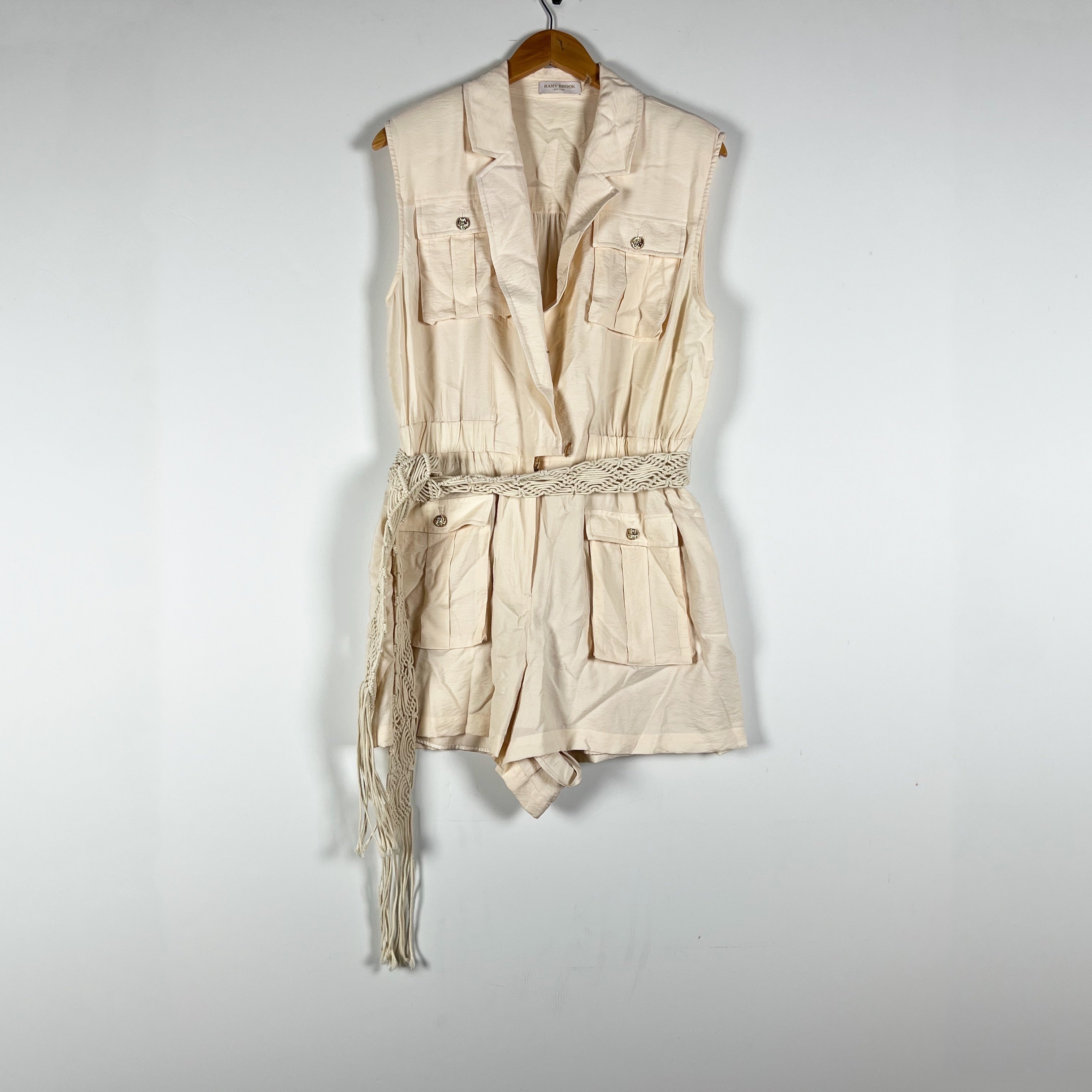 RAMY BROOK Lela Braided Belt Sleeveless Utility Mini Romper Playsuit Rattan 14
