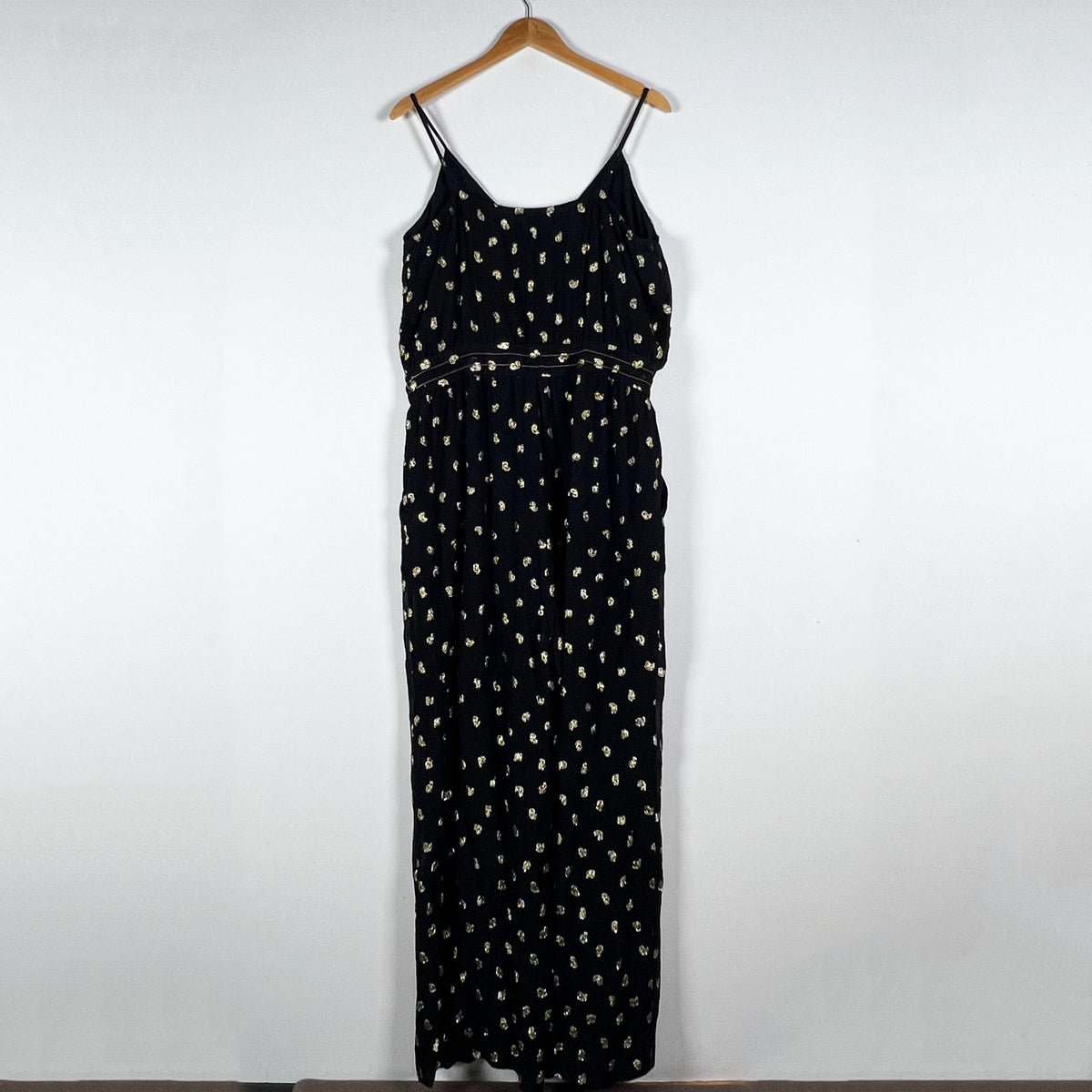 Derek Lam Kylie Swiss Metallic Gold Polka Dot Chiffon Jumpsuit Jumper Black 16
