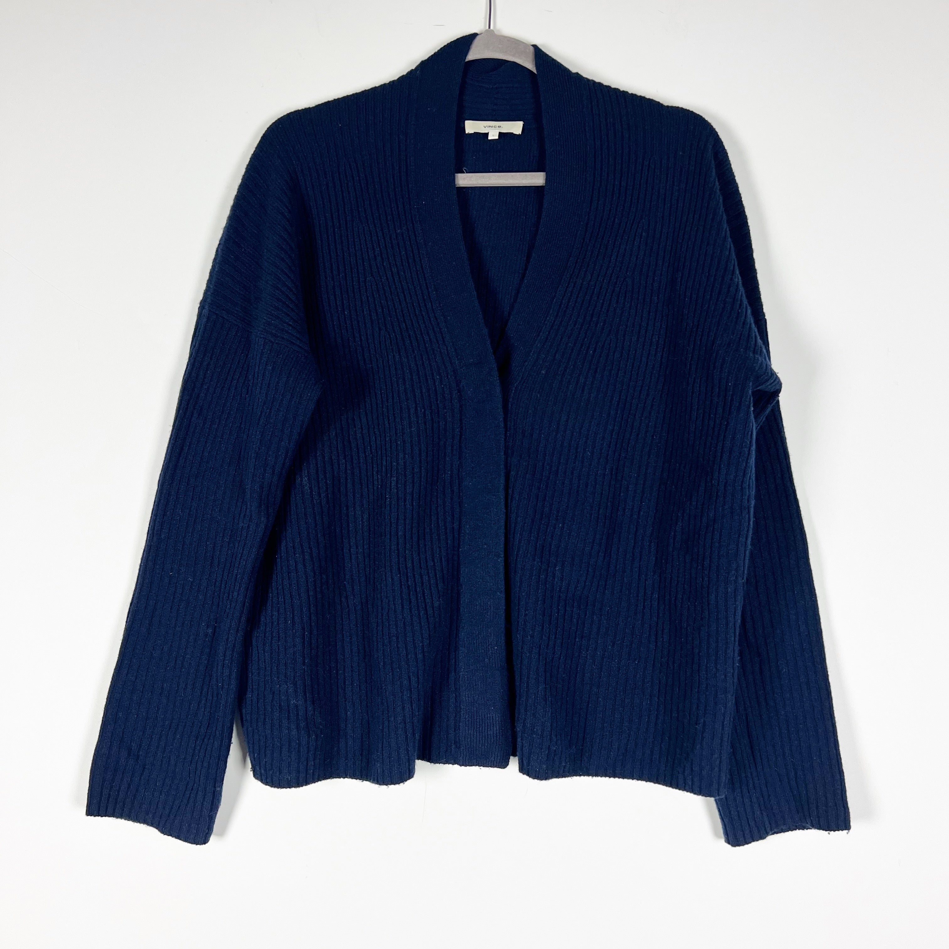 Vince Wool Cashmere Ribbed Knit Stretch Button Front Cardigan Wave Crest Blue L