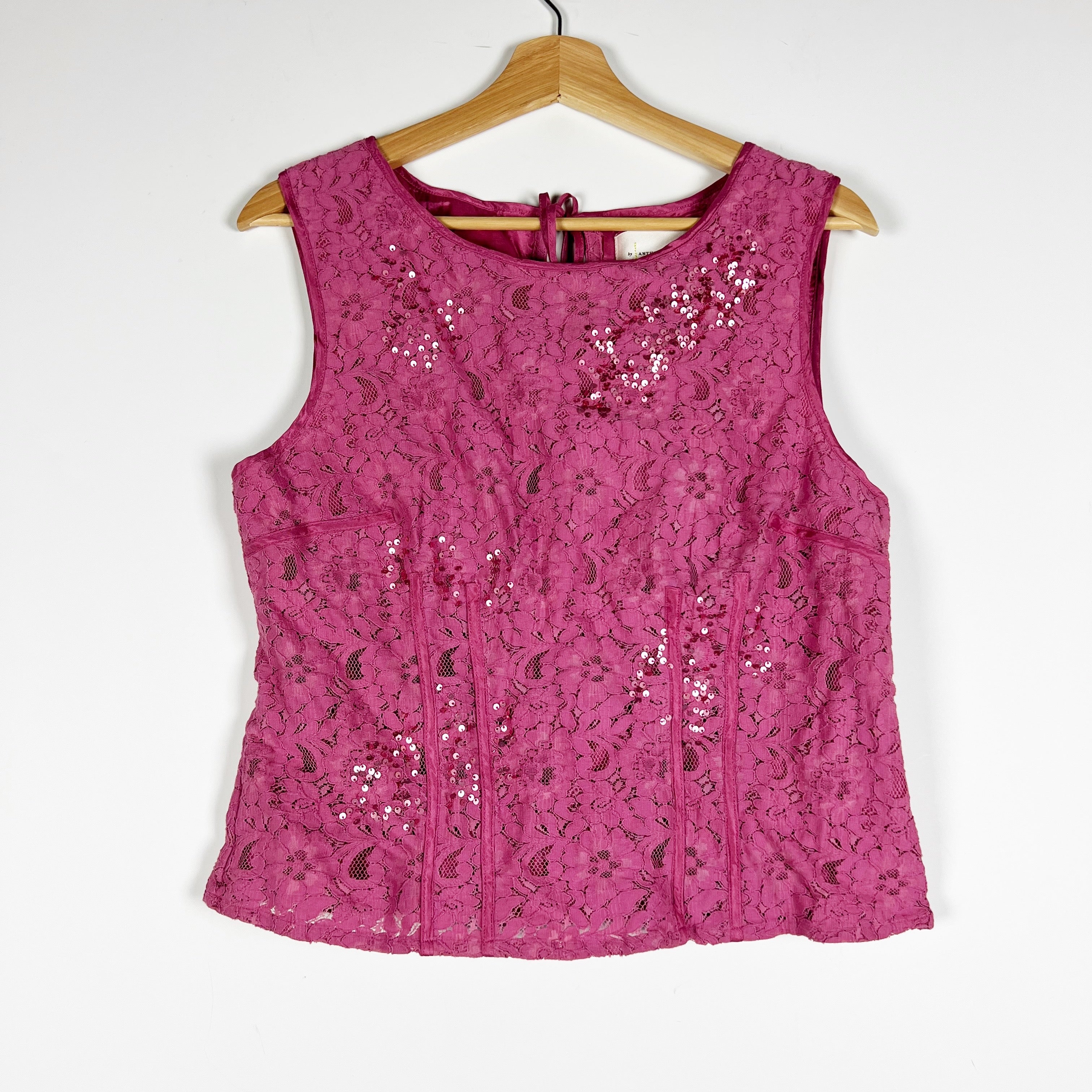 NEW Anthropologie Sequin Glitter Embellished Allover Lace Tank Top Pink 10