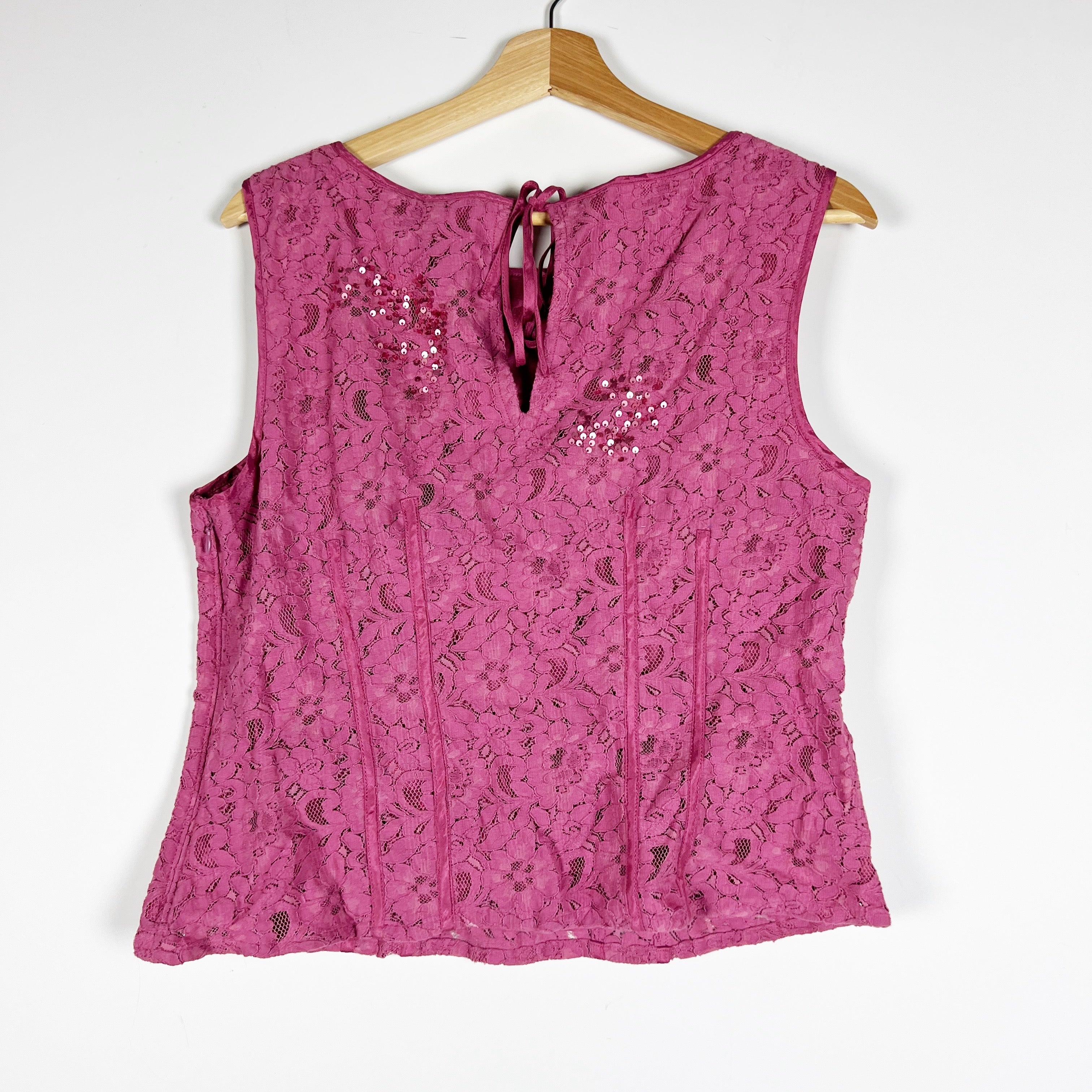 NEW Anthropologie Sequin Glitter Embellished Allover Lace Tank Top Pink 10
