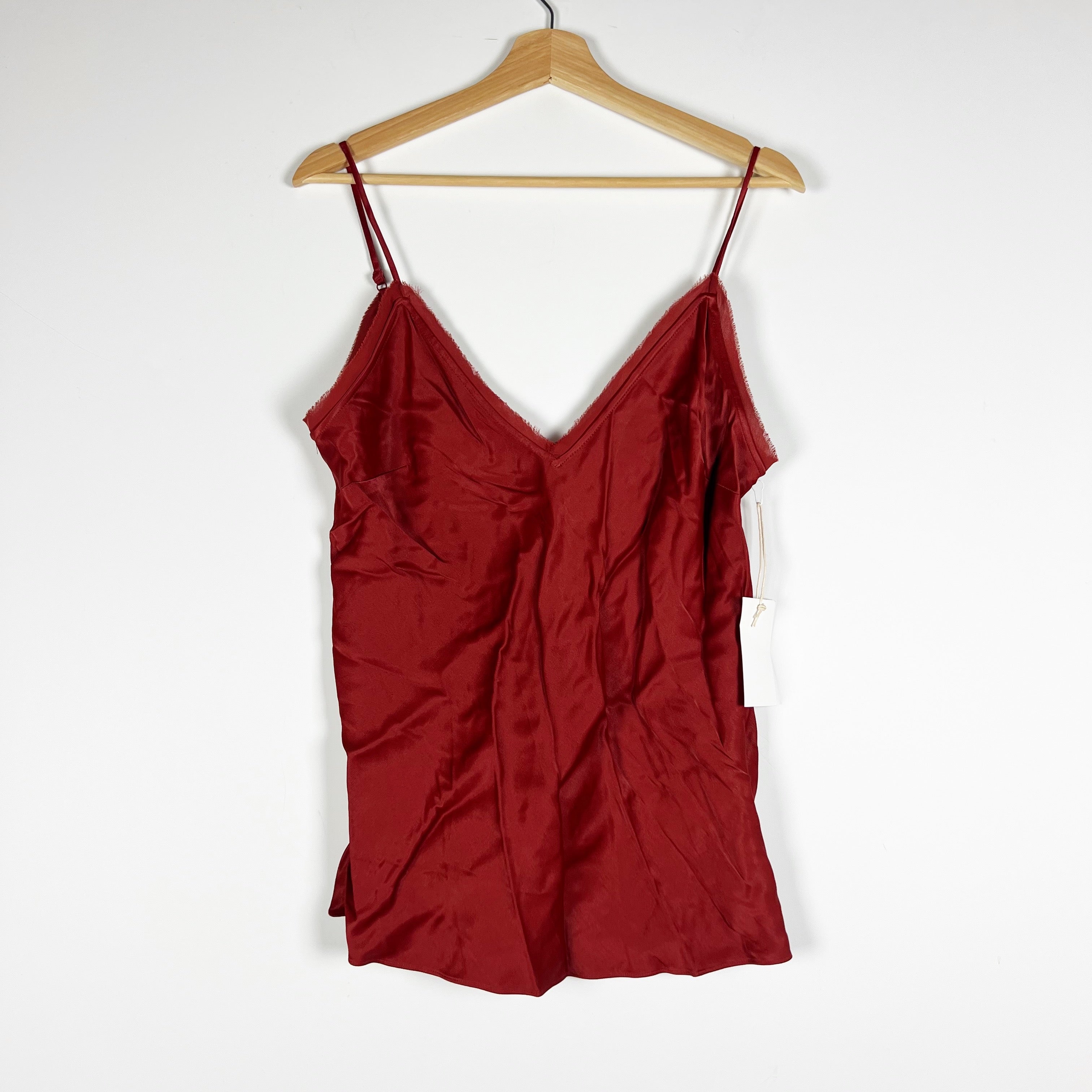 NEW Frame Satin Lounge Frayed Edge Hem V Neck Camisole Tank Top Burnt Henna L