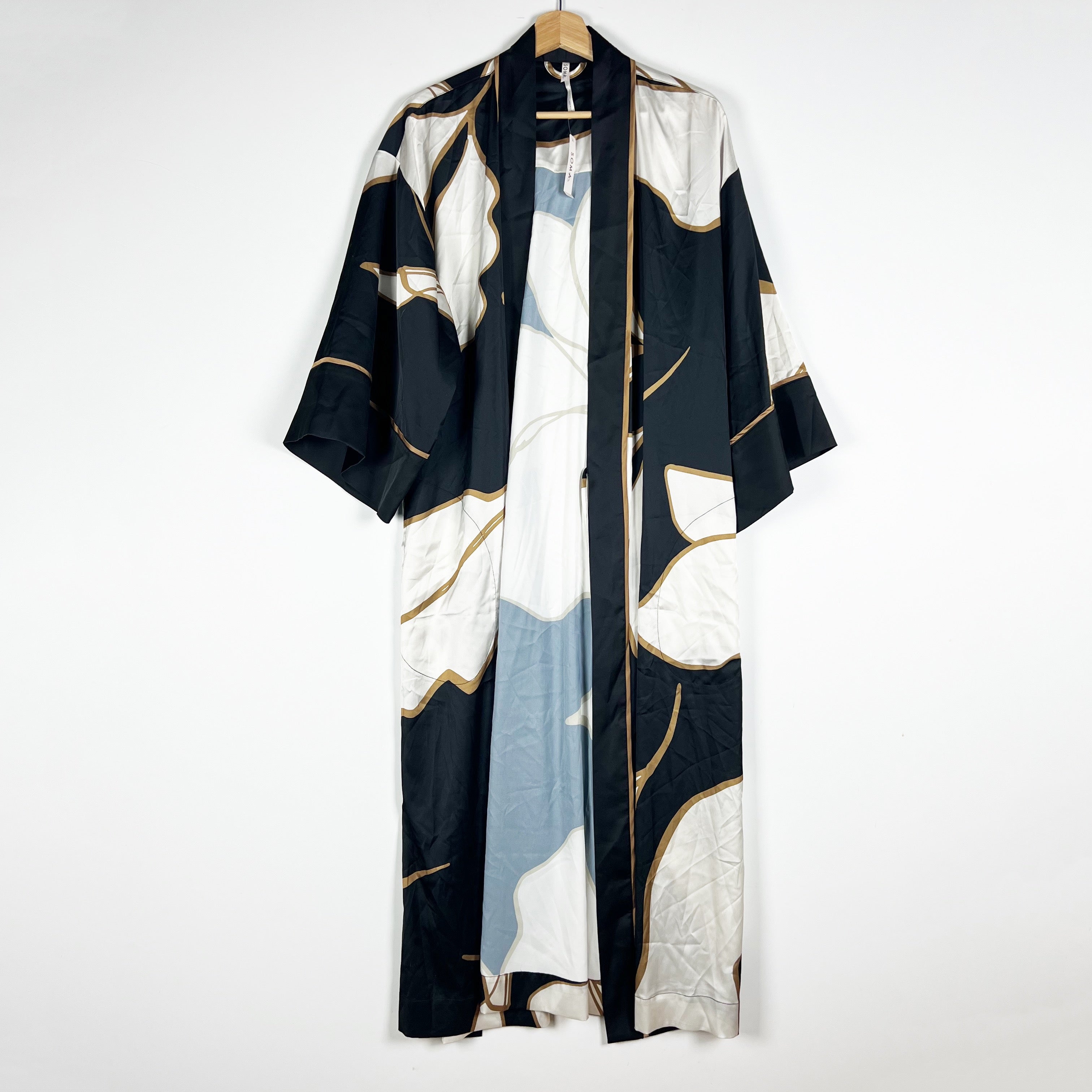 NEW Soma Satin Midi Open Front Longe Pajama Robe Hi Fi Flora Black Print Large